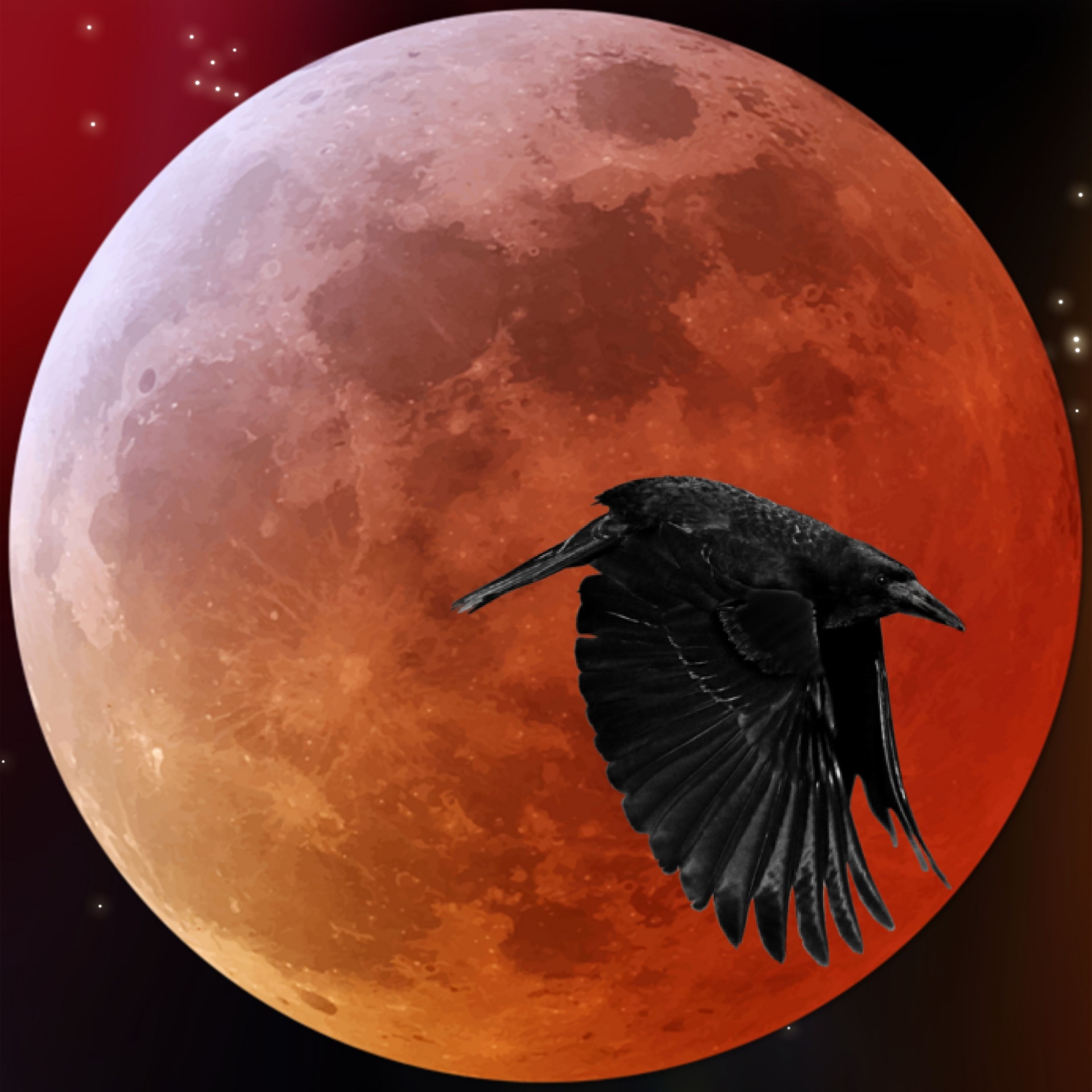 reddish full moon on galaxy background with a big raven flying in the foreground