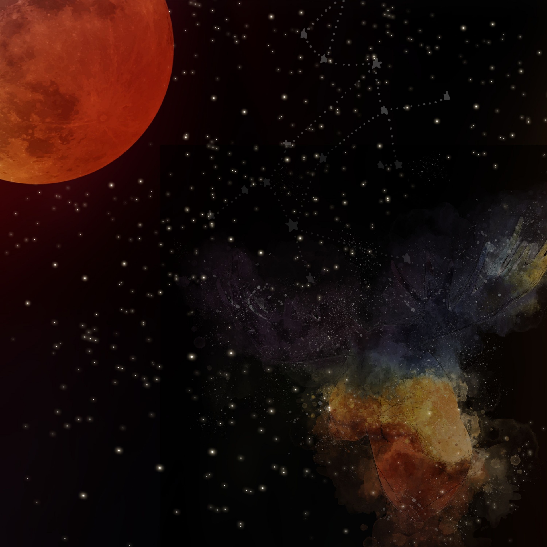 red full moon and colorful abstract nebula on a dark sky filled with stars