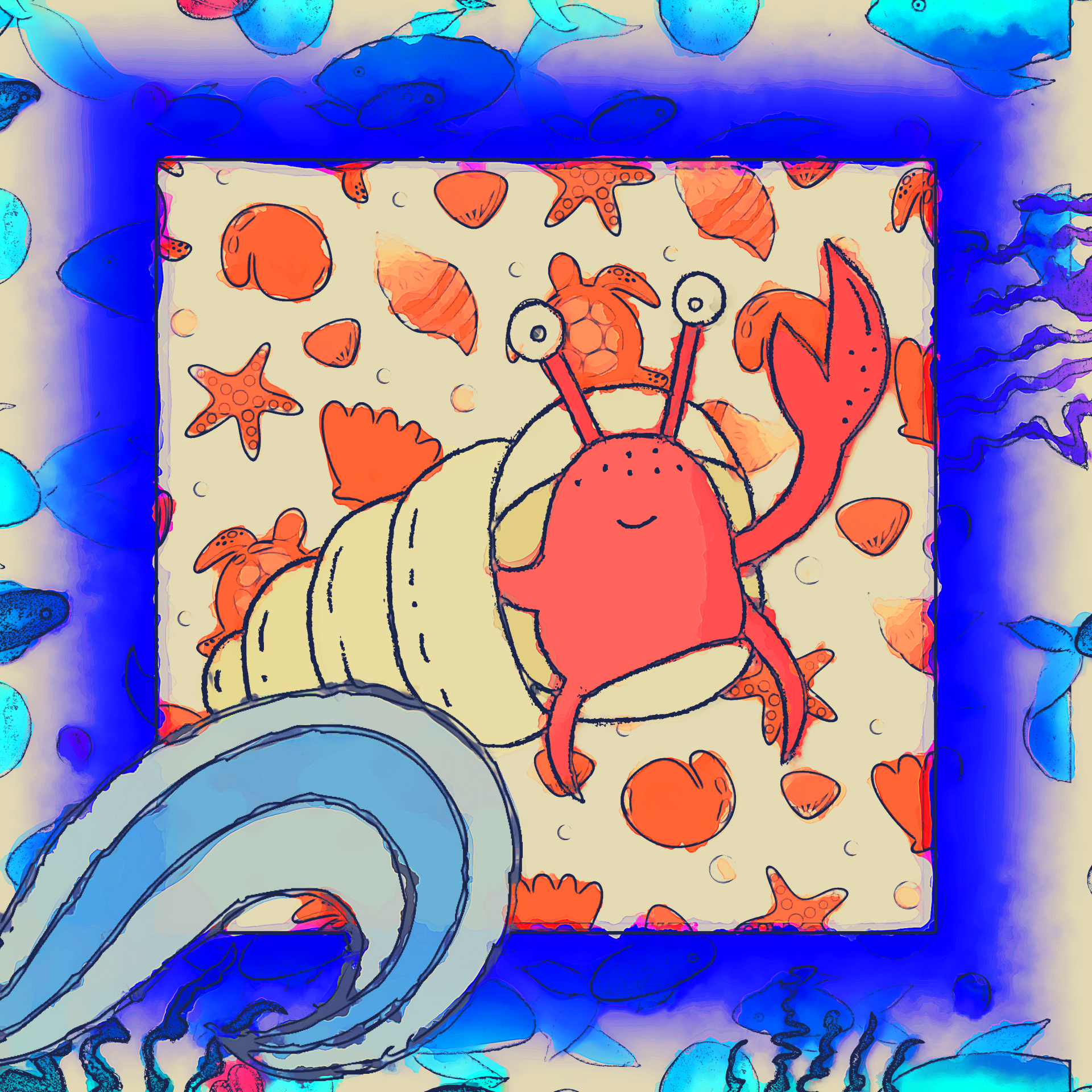 cute cartoon art of a crab in its shell waving