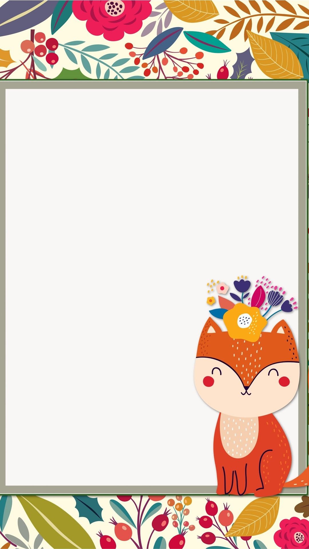vertical illustration with white space to write your own message. Floral border with a cat in the corner