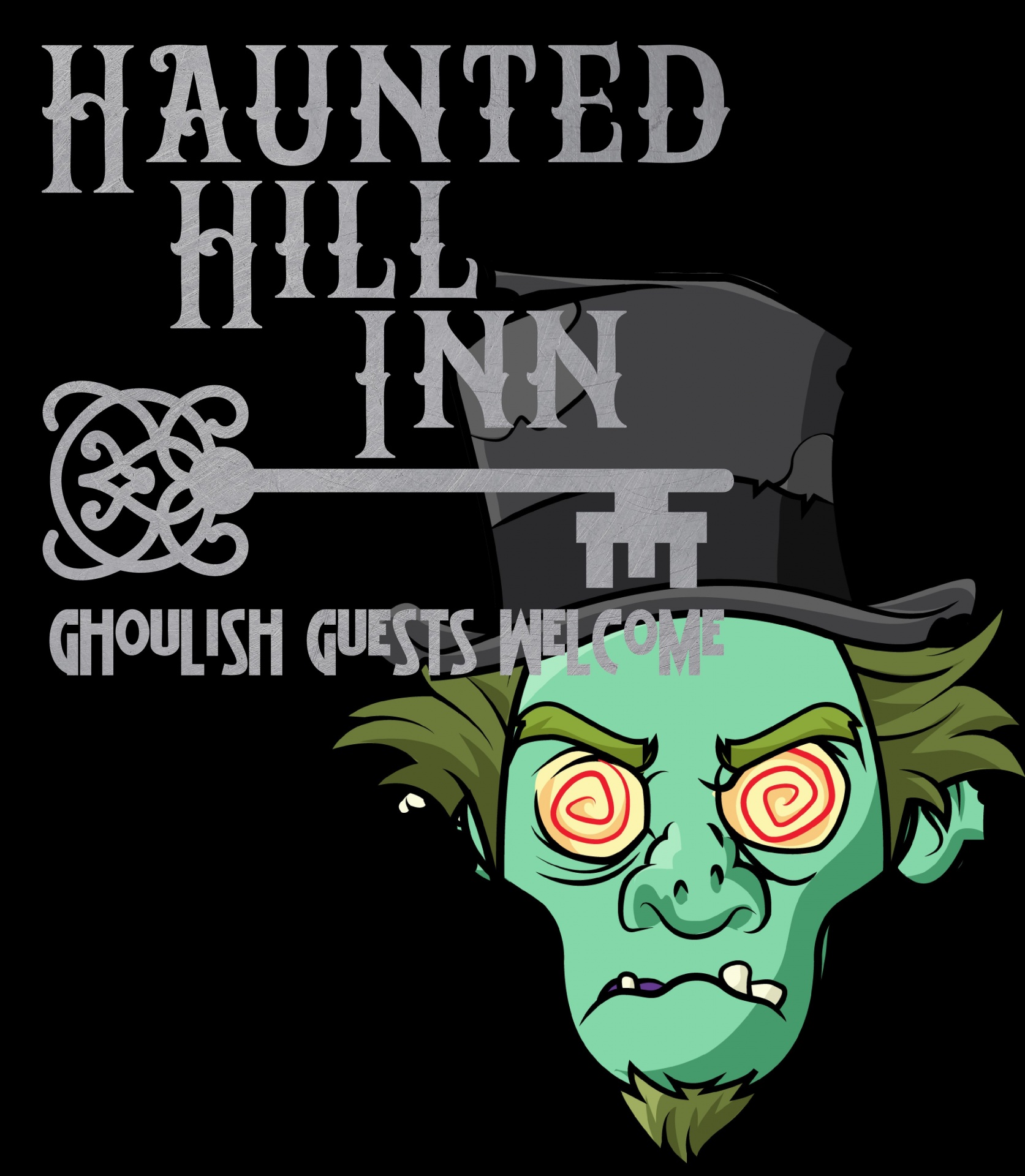 Haunted Inn sign with zombie cartoon face