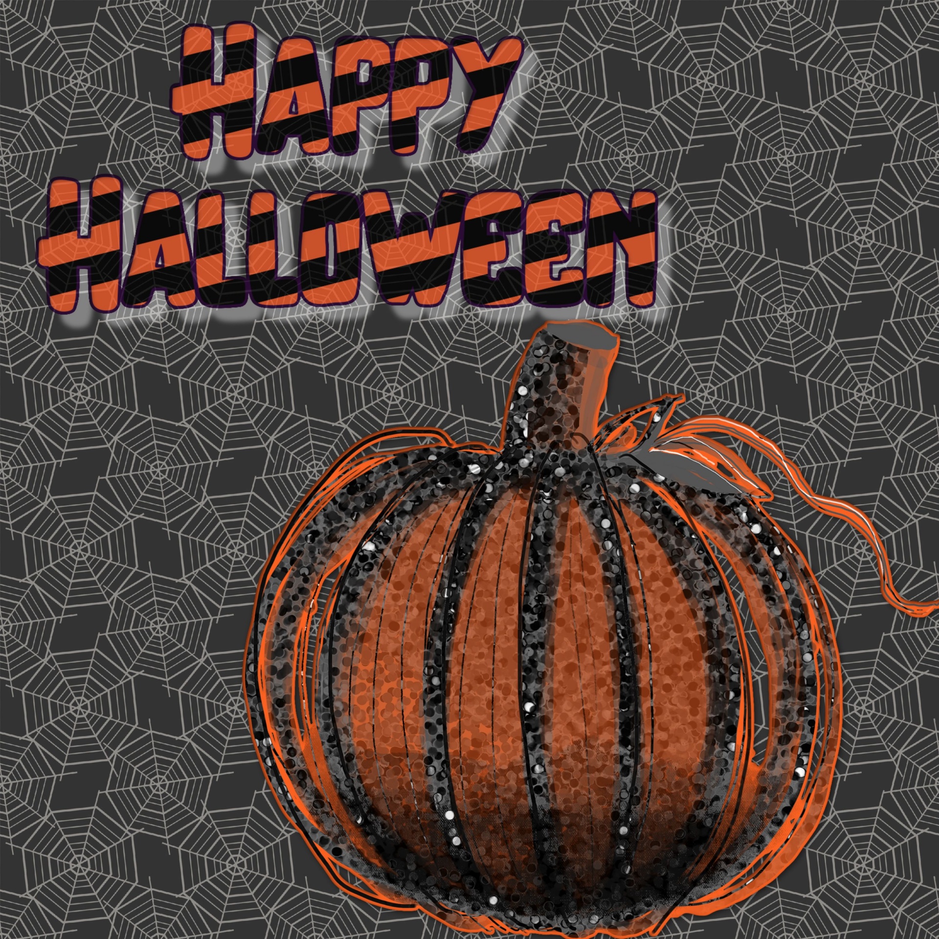 glitter pumpkin illustration with Happy Halloween on a spider-web background