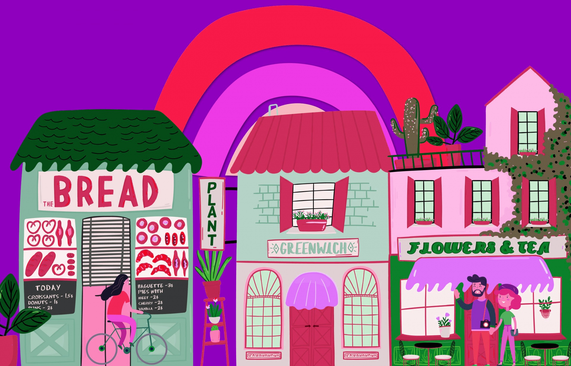 pink, green and purple illustration of buildings with a rainbow behind them