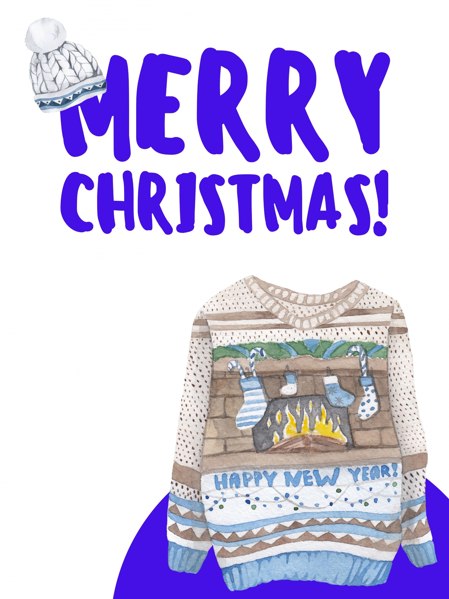 Christmas illustration with Merry Christmas Greeting and featuring an ugly christmas sweater with Happy New Year Greeting