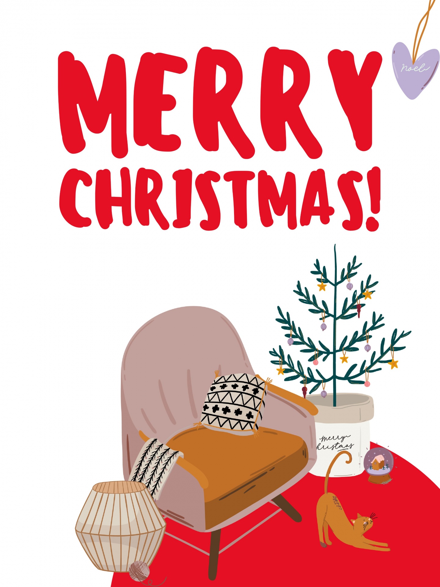 Christmas illustration with Merry Christmas greeting and featuring a cat stretching in front of an easy chair with a Christmas Tree in background