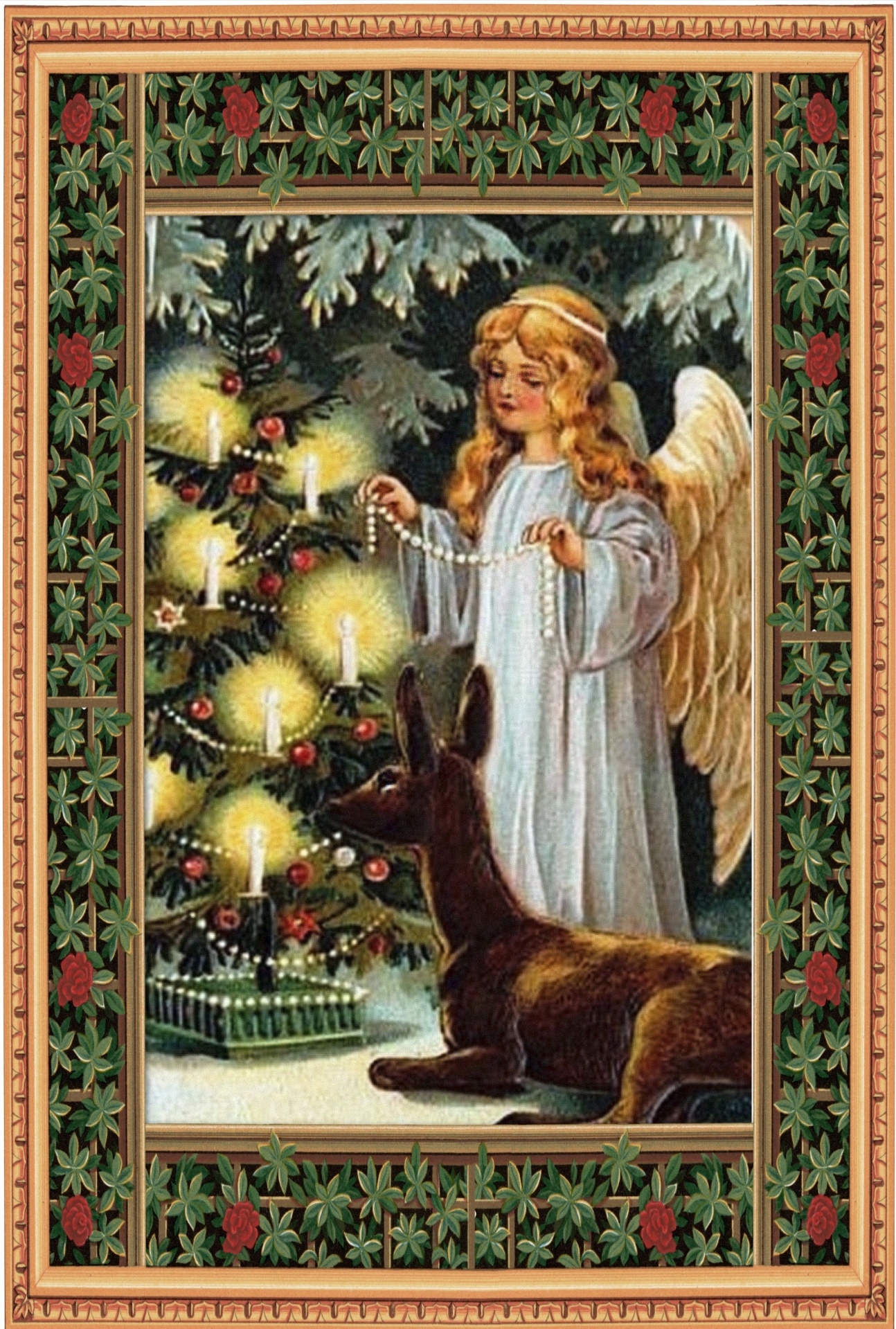 A Victorian Christmas Vintage Illustration featuring a young girl angel decorating a Christmas Tree with a deer by her side