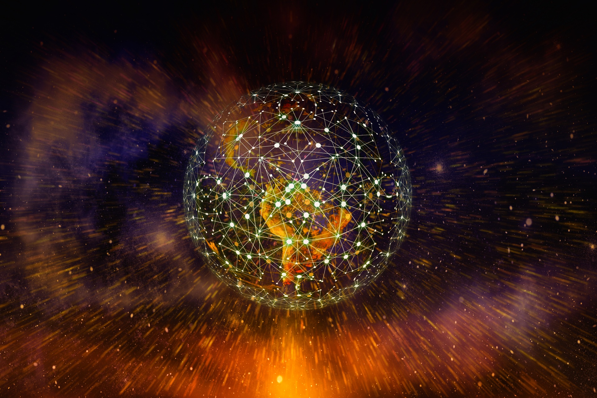 Globe unrestricted by global network in front of an expanding cosmos