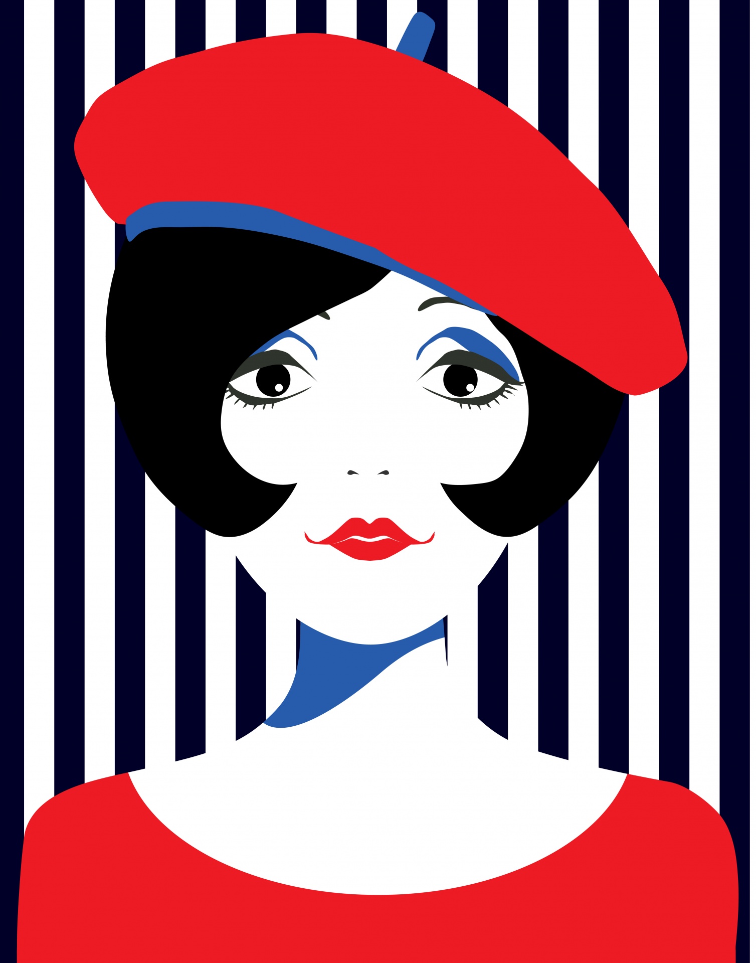 Retro vintage portrait of chic young French woman from the 1960s in a red round neck jumper and beret on dark blue and white vertical stripes background