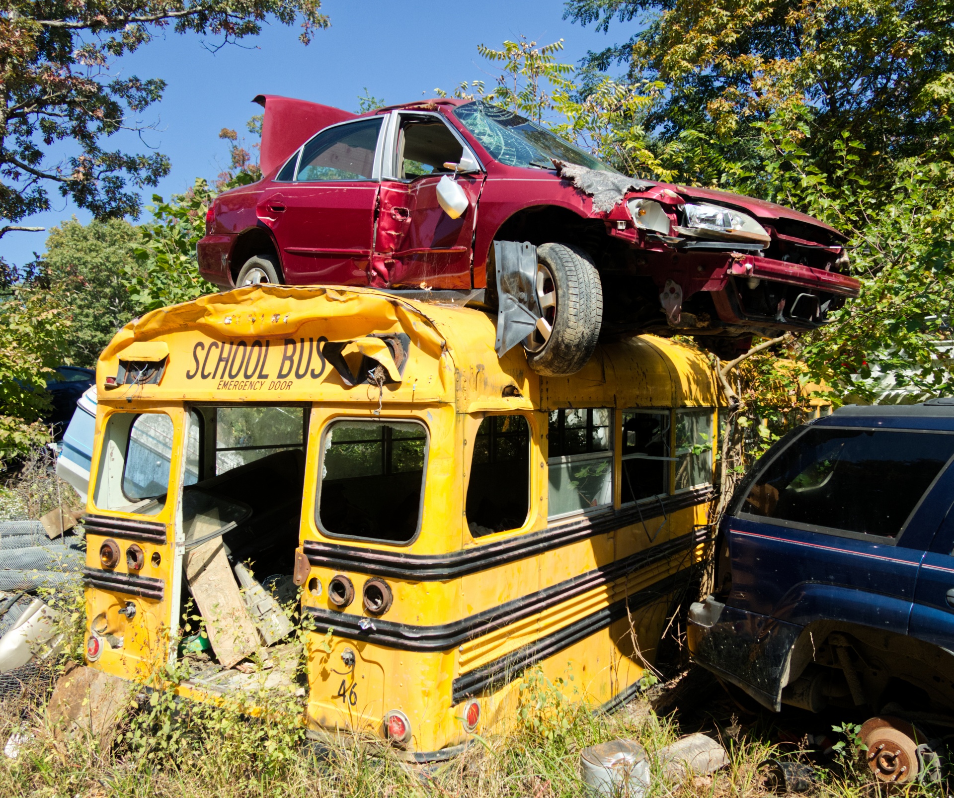Yellow school bus in junk yard