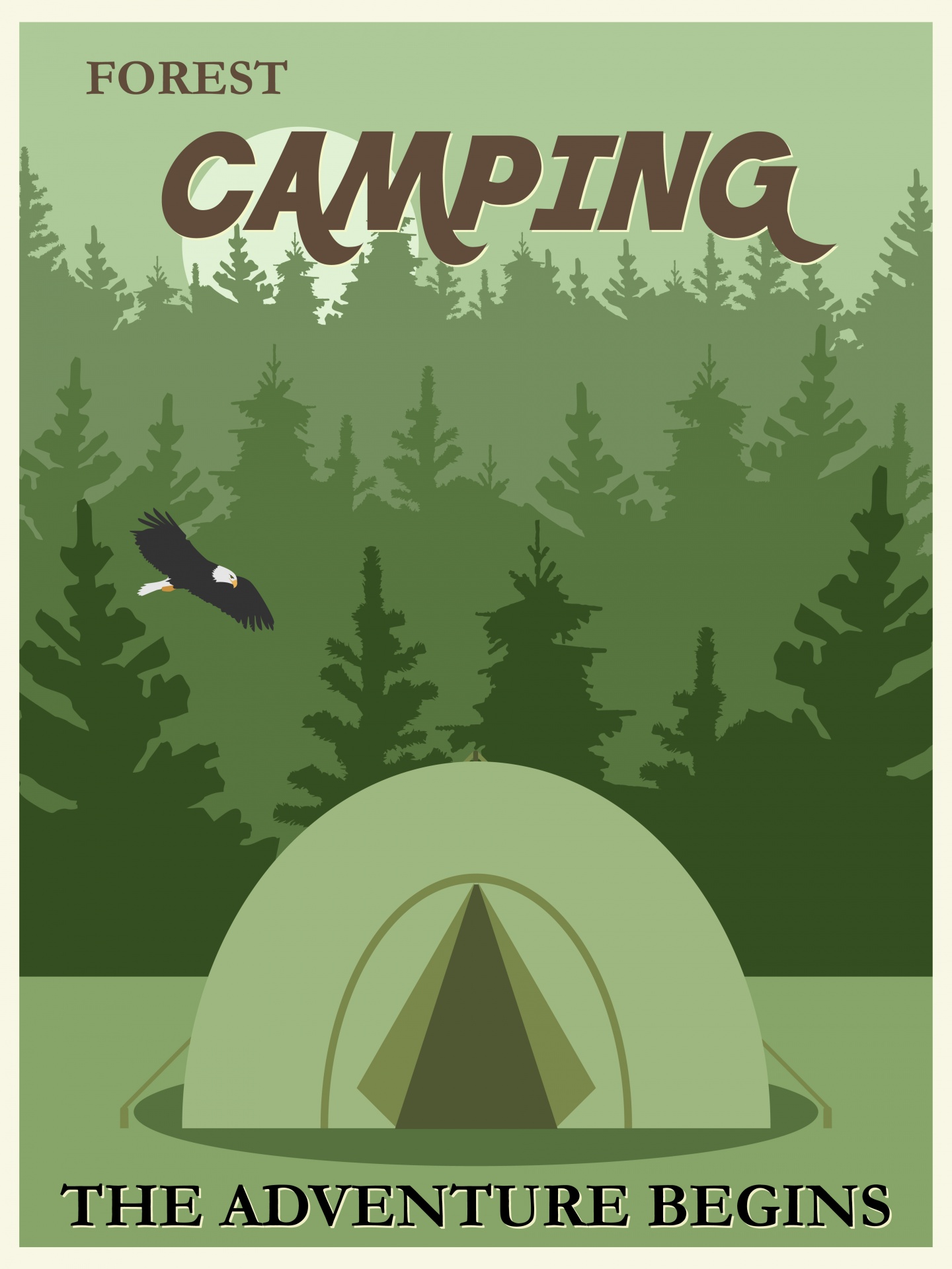 Retro, vintage style camping travel poster with pitched tent and forest background