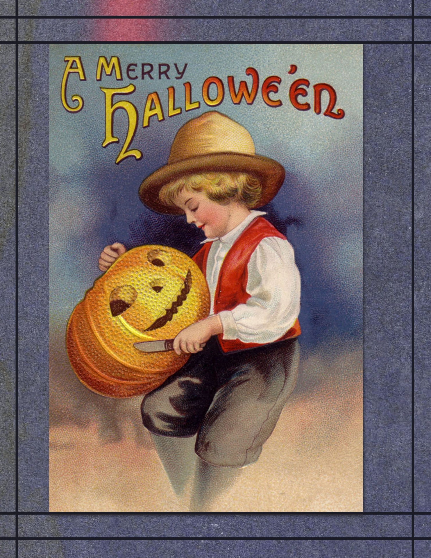 vintage Halloween Poster featuring a little boy with a pumpkin