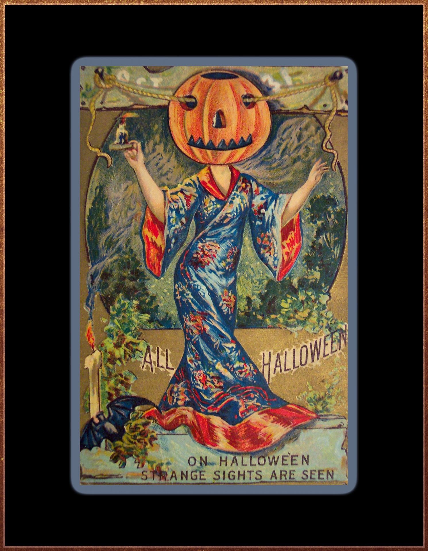 vintage Halloween Poster featuring an asian woman dressed in an oriental robe with a head of a jack-o-lantern