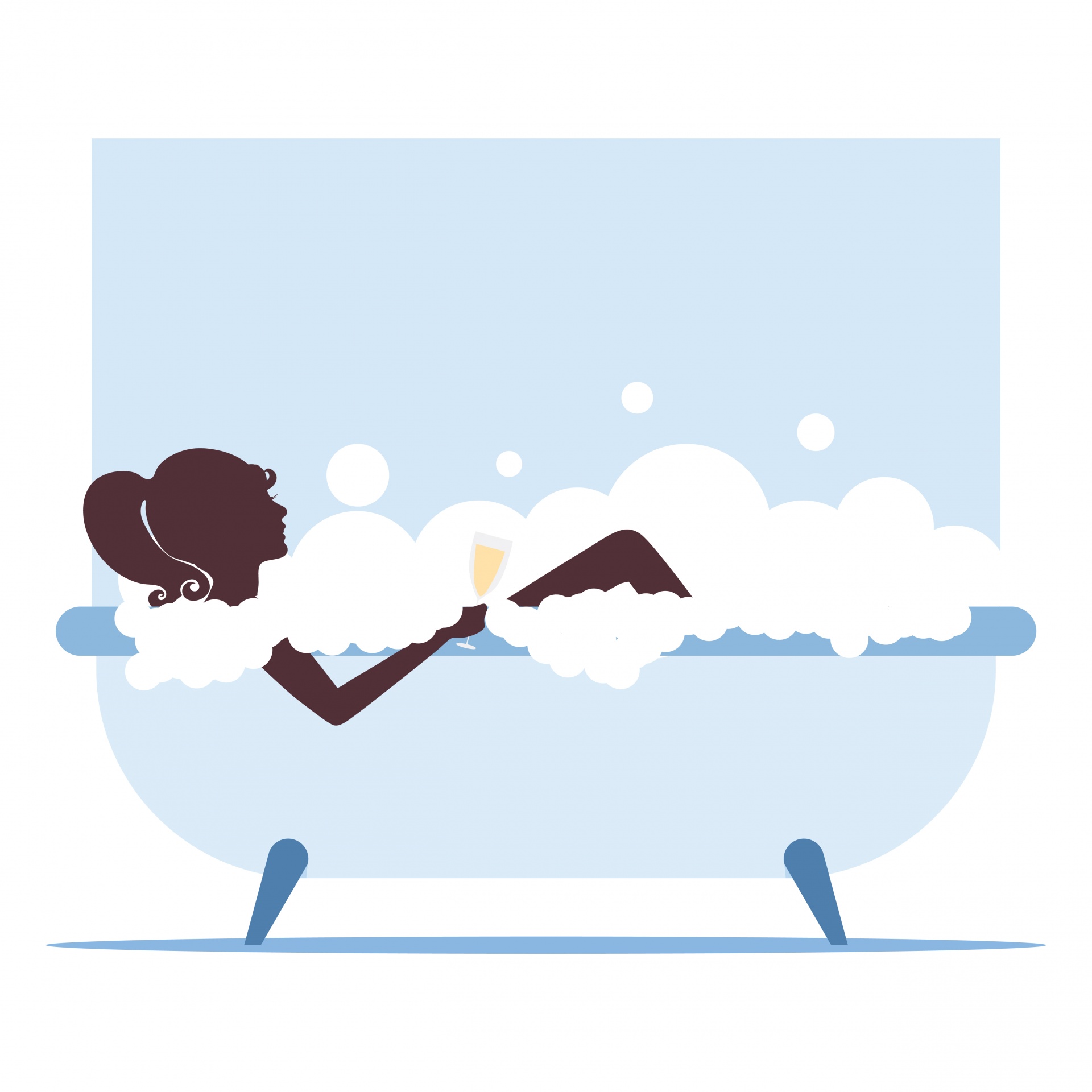 Cartoon young woman relaxing in a bubble bath holding glass champagne vector graphic