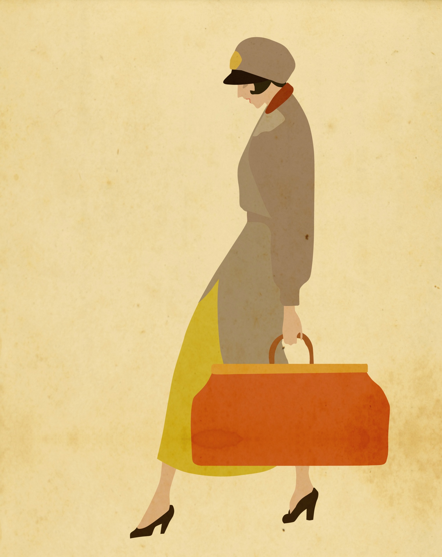 Vintage woman carrying suitcase, luggage, gladstone bag on old antique paper background