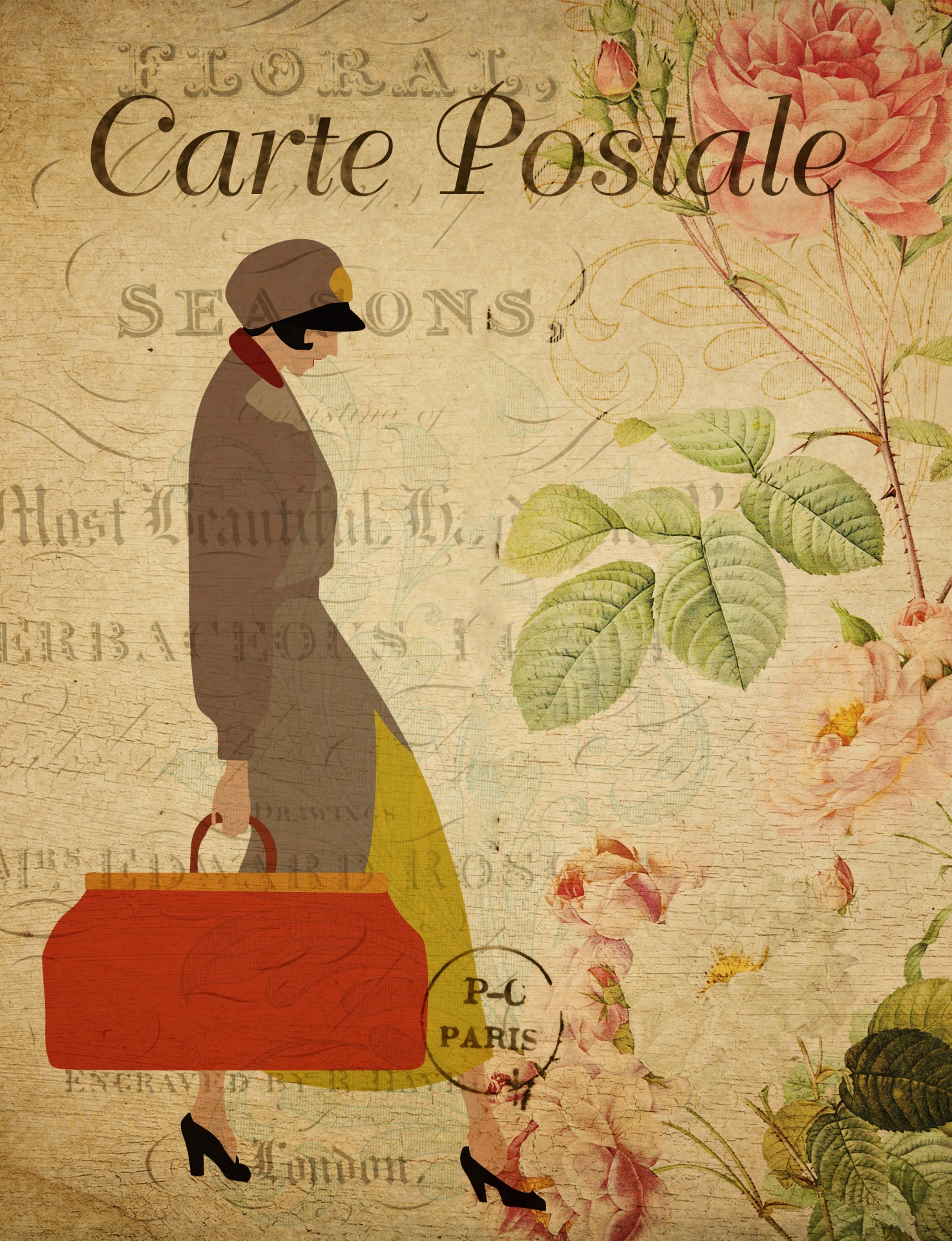 Vintage woman carrying suitcase, luggage, gladstone bag on old floral french postcard