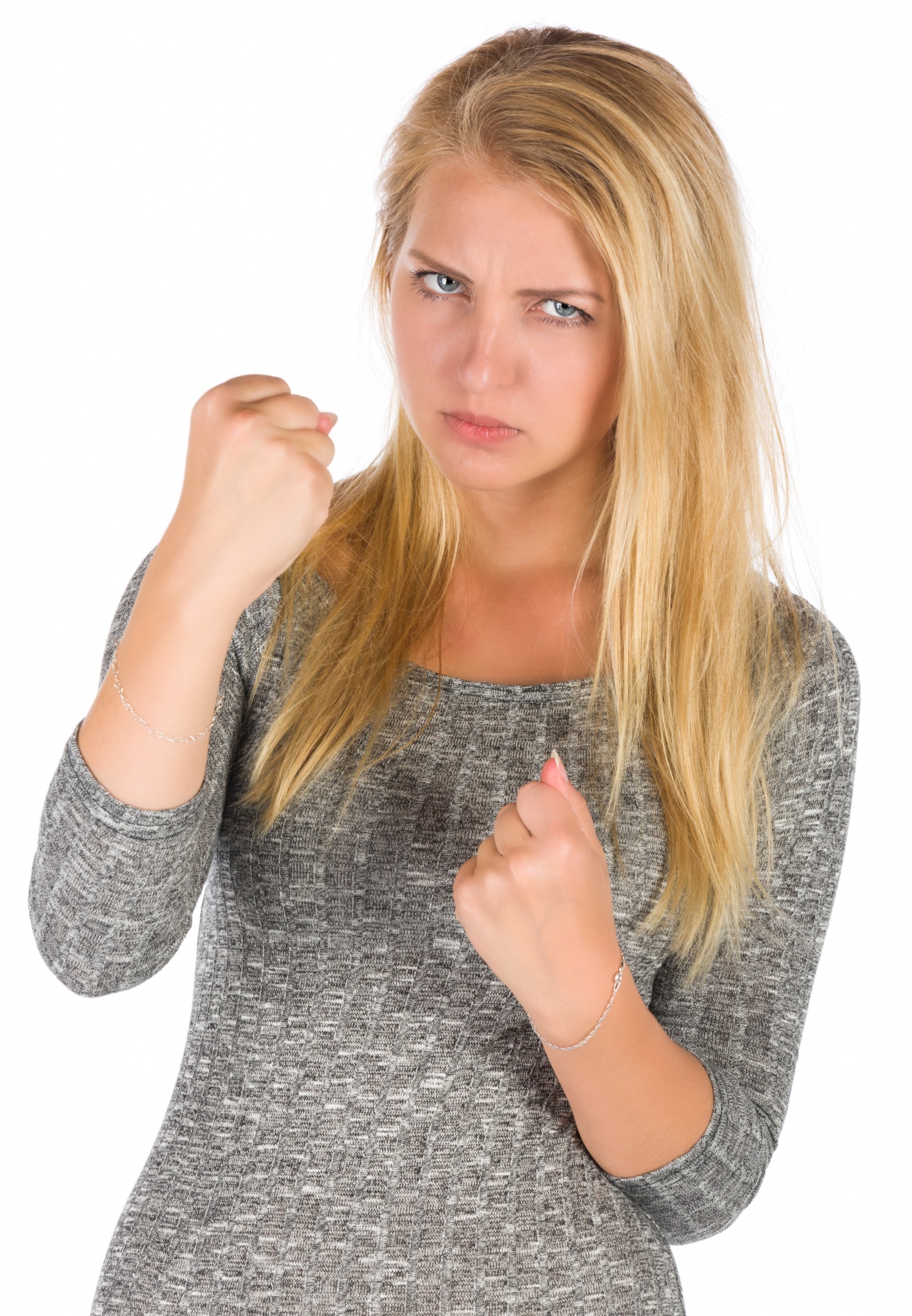 Unhappy woman ready to fight isolated on white background