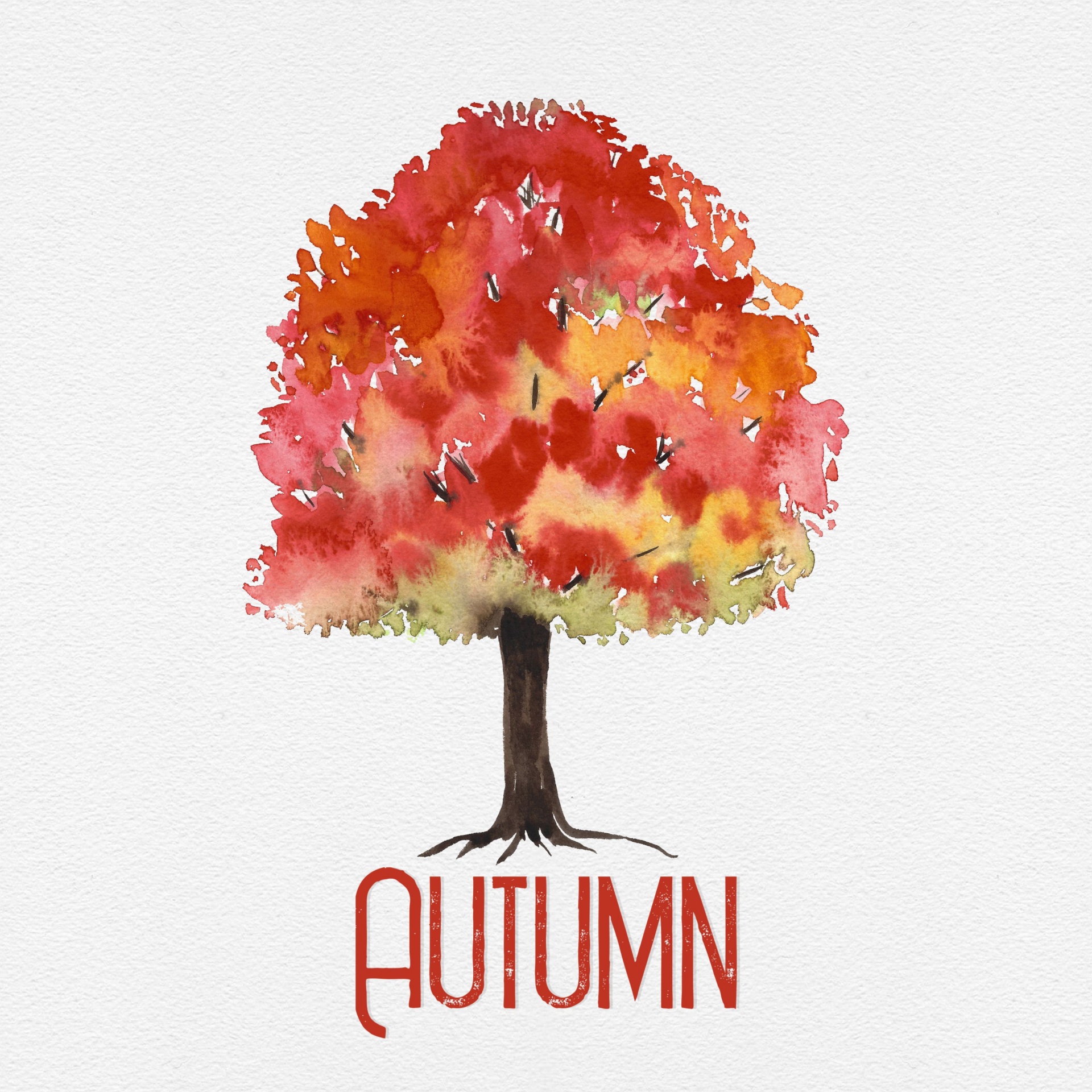 illustration of a watercolor tree with changing leaves and words AUTUMN