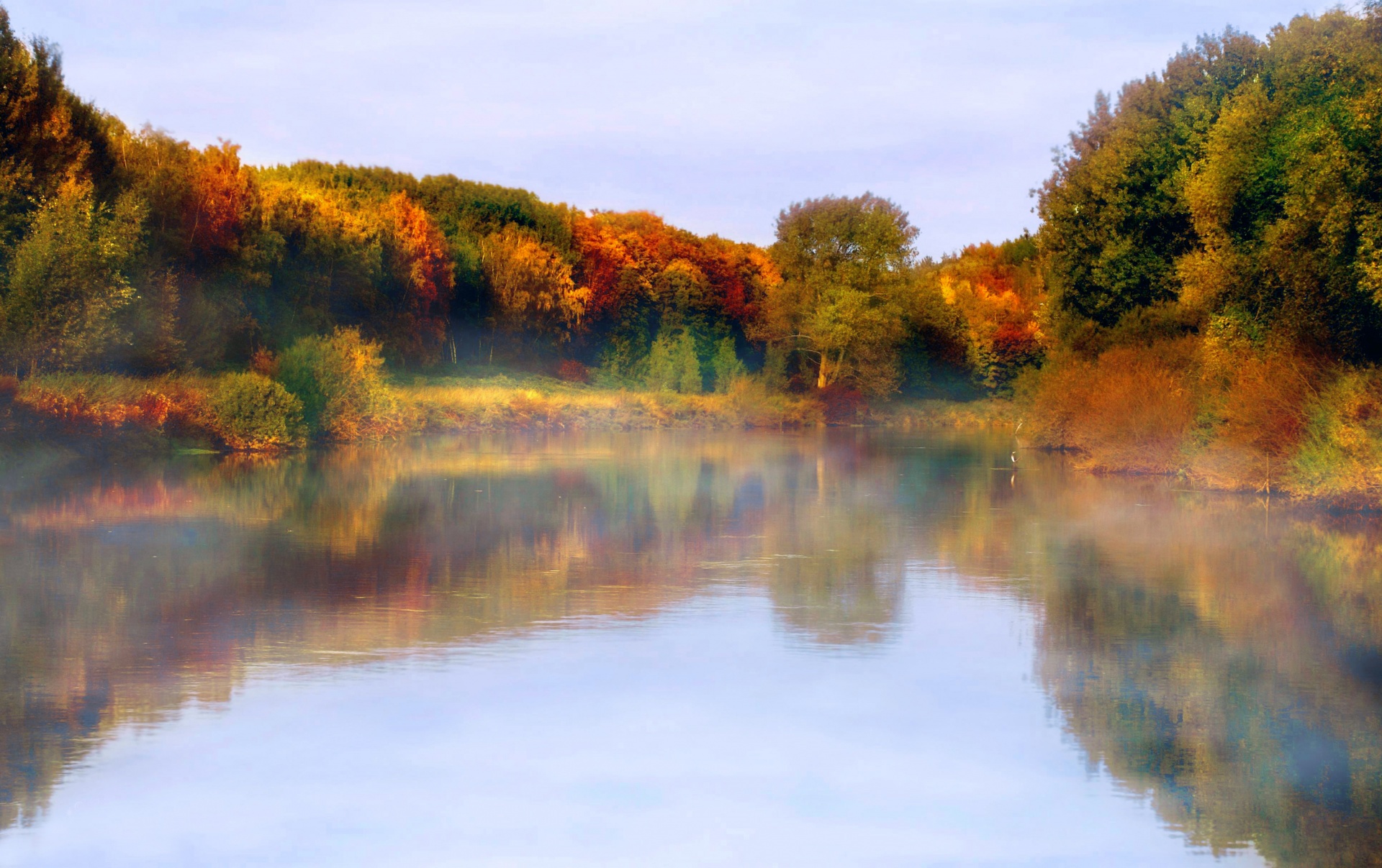 Autumn lake landscape water mirroring foggy photography