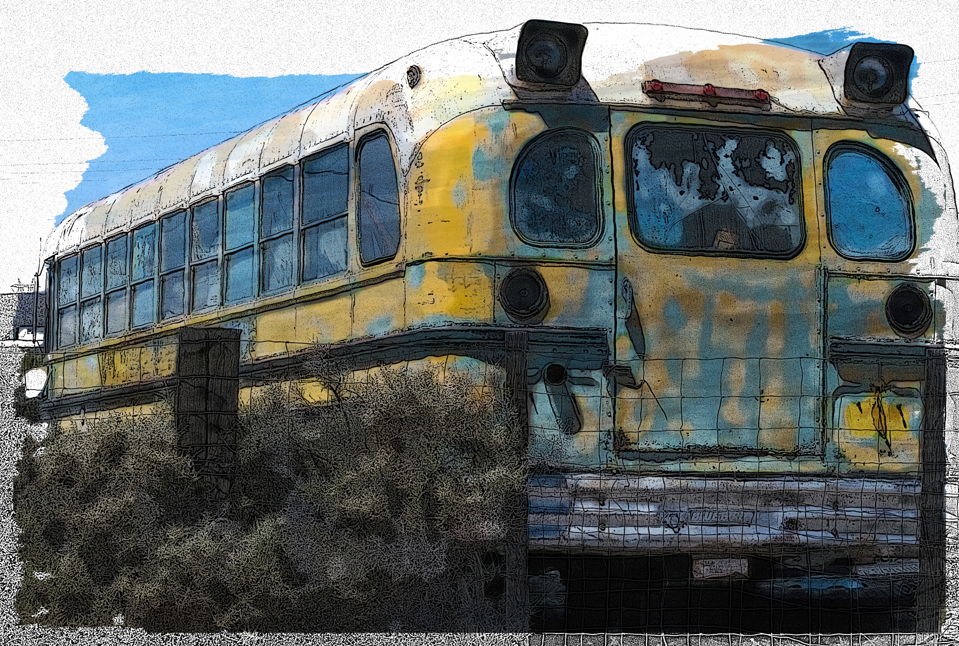 artistic rendering of an abandoned School Bus