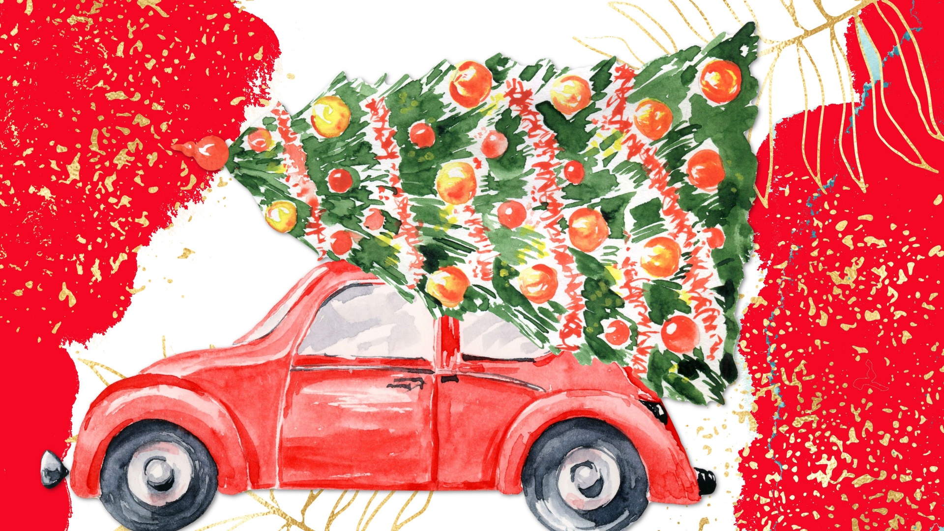 red volkswagen beetle with a large Christmas tree on top