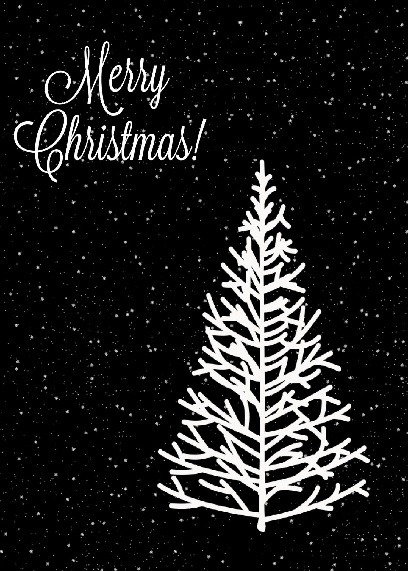 snowy black background with a simple white silhouette snowy tree with Merry Christmas Greeting