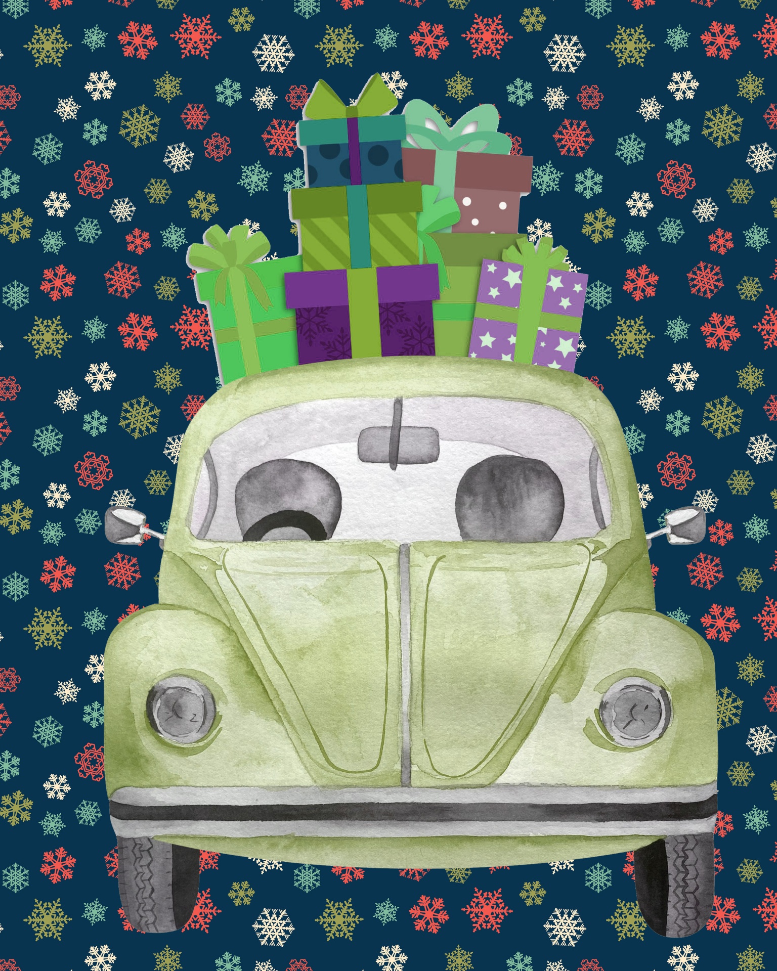 illustration of a VW beetle with presents piled high on its roof