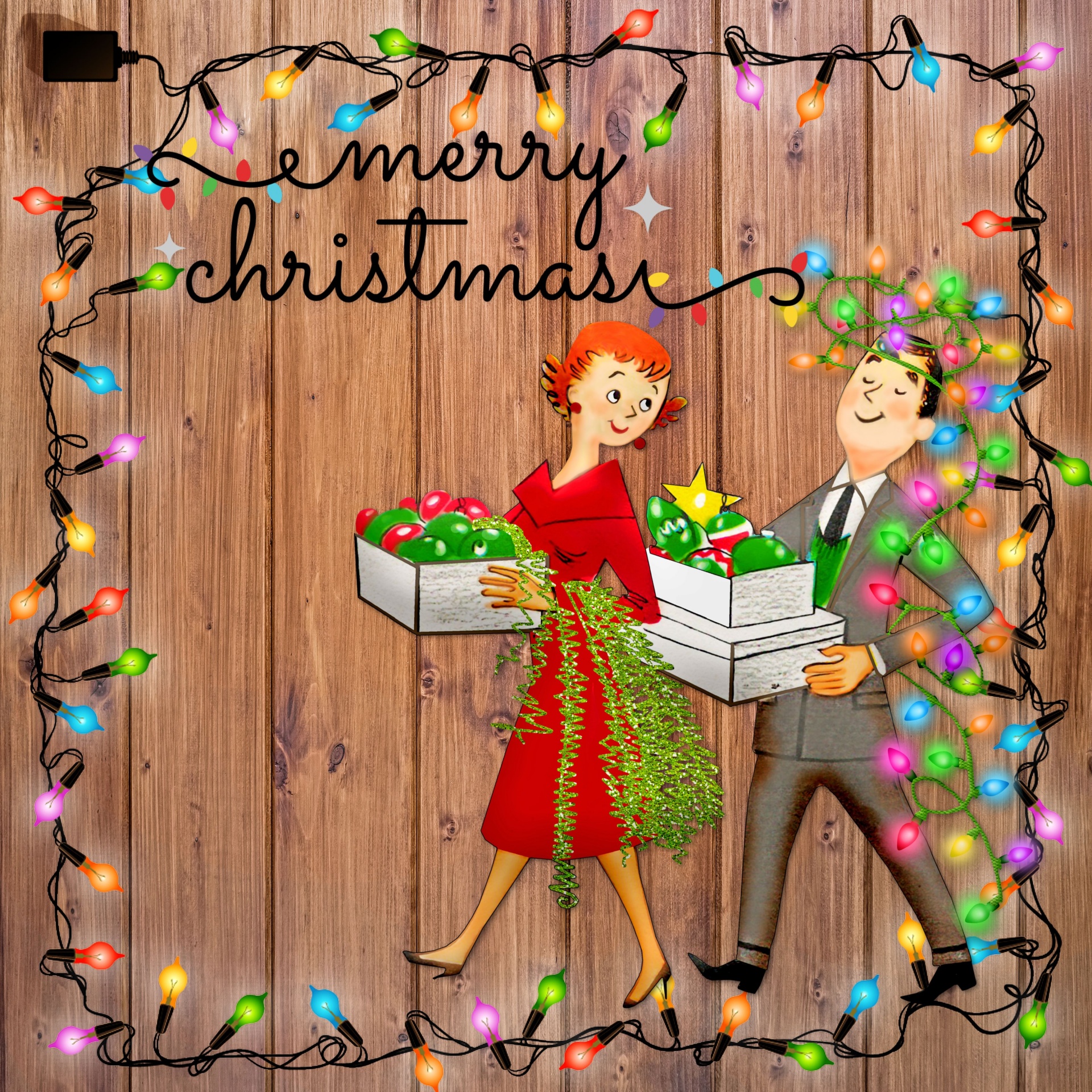 1950 Mid-century illustration of a couple walking with boxes of ornaments with a Christmas Greeting. On wood background famed in Christmas Lights