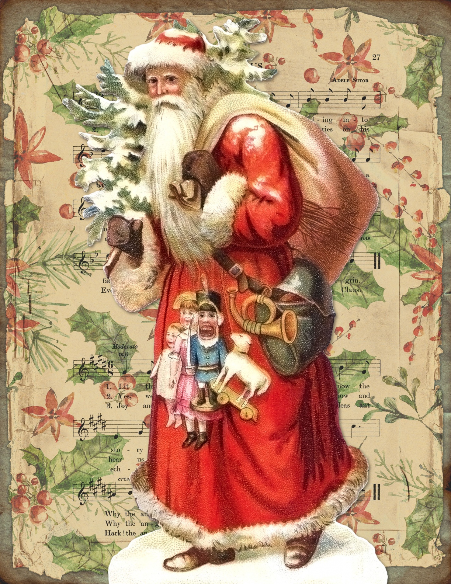 Christmas Victorian Vintage poster of santa claus on a background of vintage sheet music