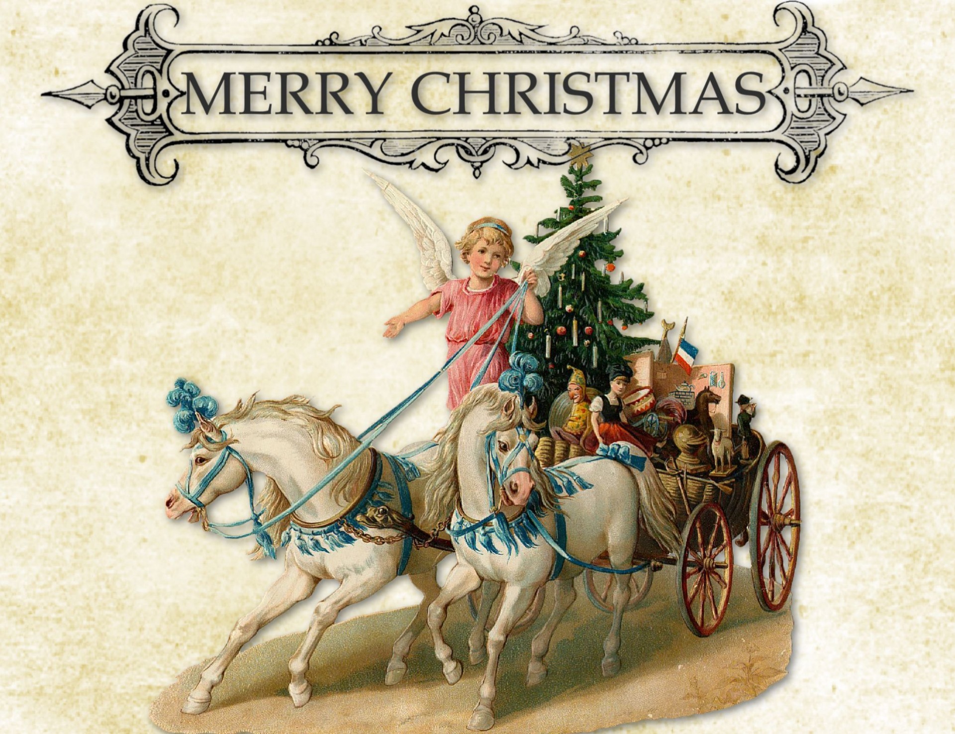 Victorian Vintage illustration of an angel on a horse-drawn carraige full of gifts and a Christmas Tree