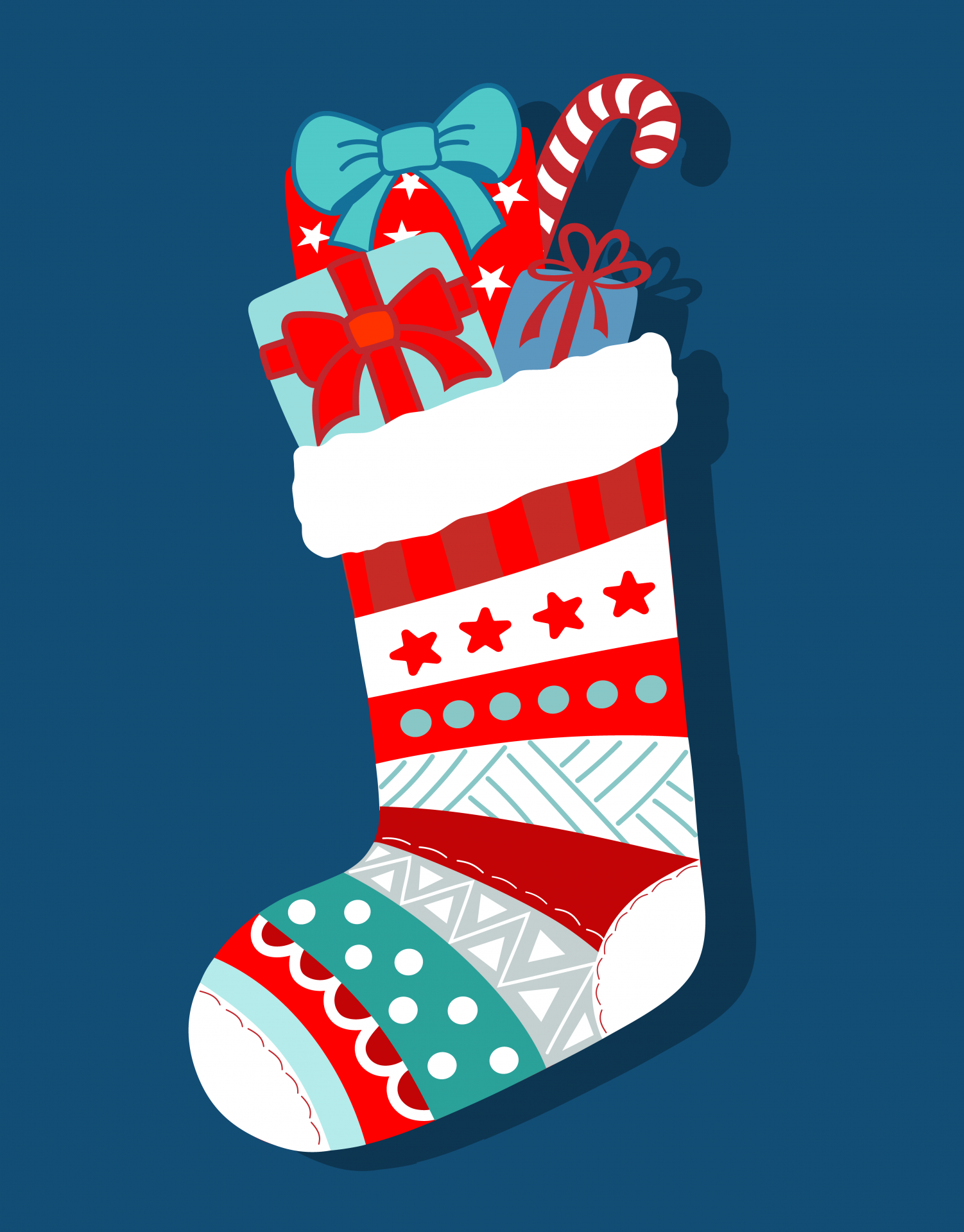 Christmas stocking full of gifts on blue background illustration