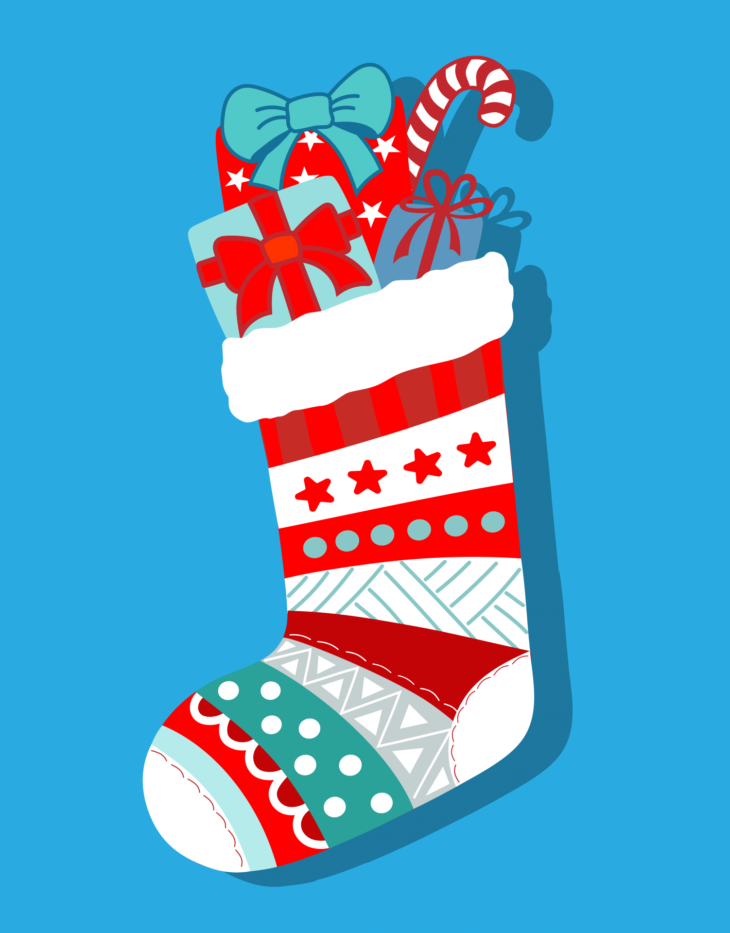 Christmas stocking full of gifts on blue background illustration