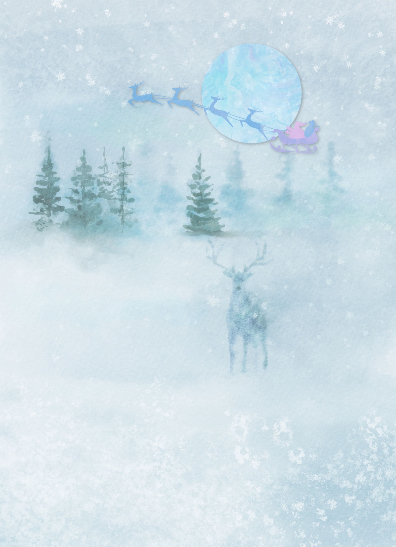 wintry forest with santa and his sleight passing in front of the moon