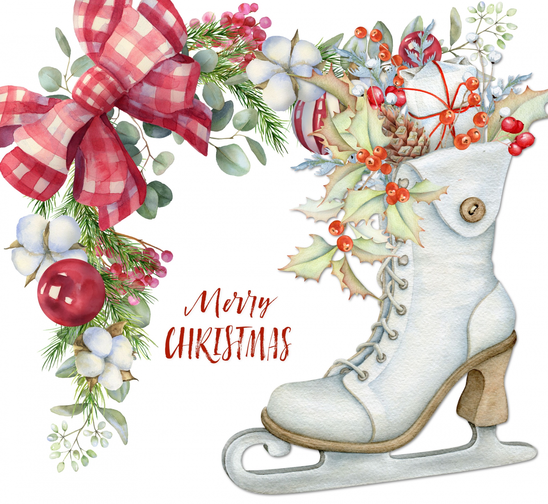 beautiful christmas ice skate filled with Christmas garnish and Merry Christmas greeting
