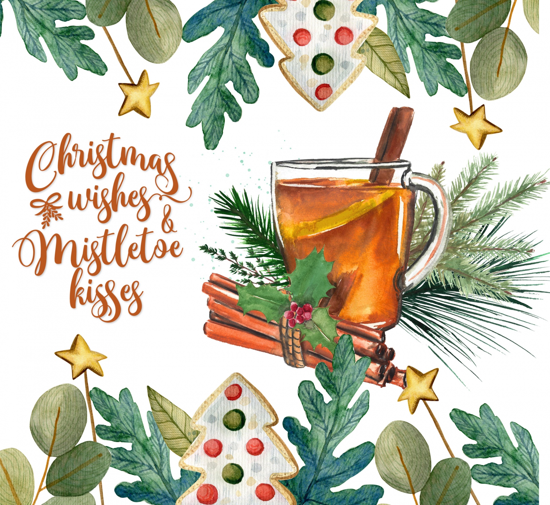 christmas poster featuring a cup of hot apple citer with cinnamon sticks bordered by Cookies and Flourish