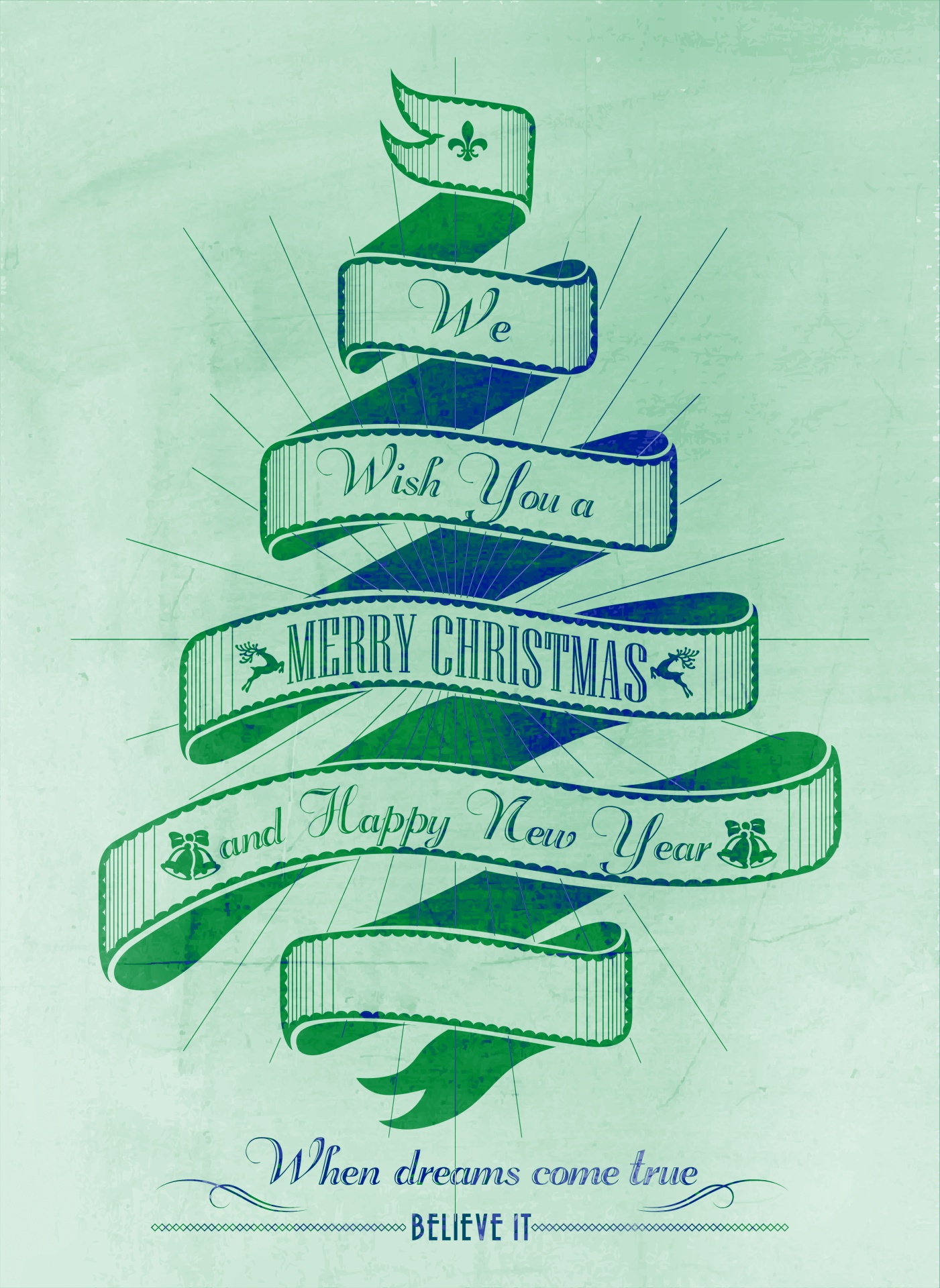 Green and blue hued iillustration of a tree made with ribbon and Christmas and New Year Greeting