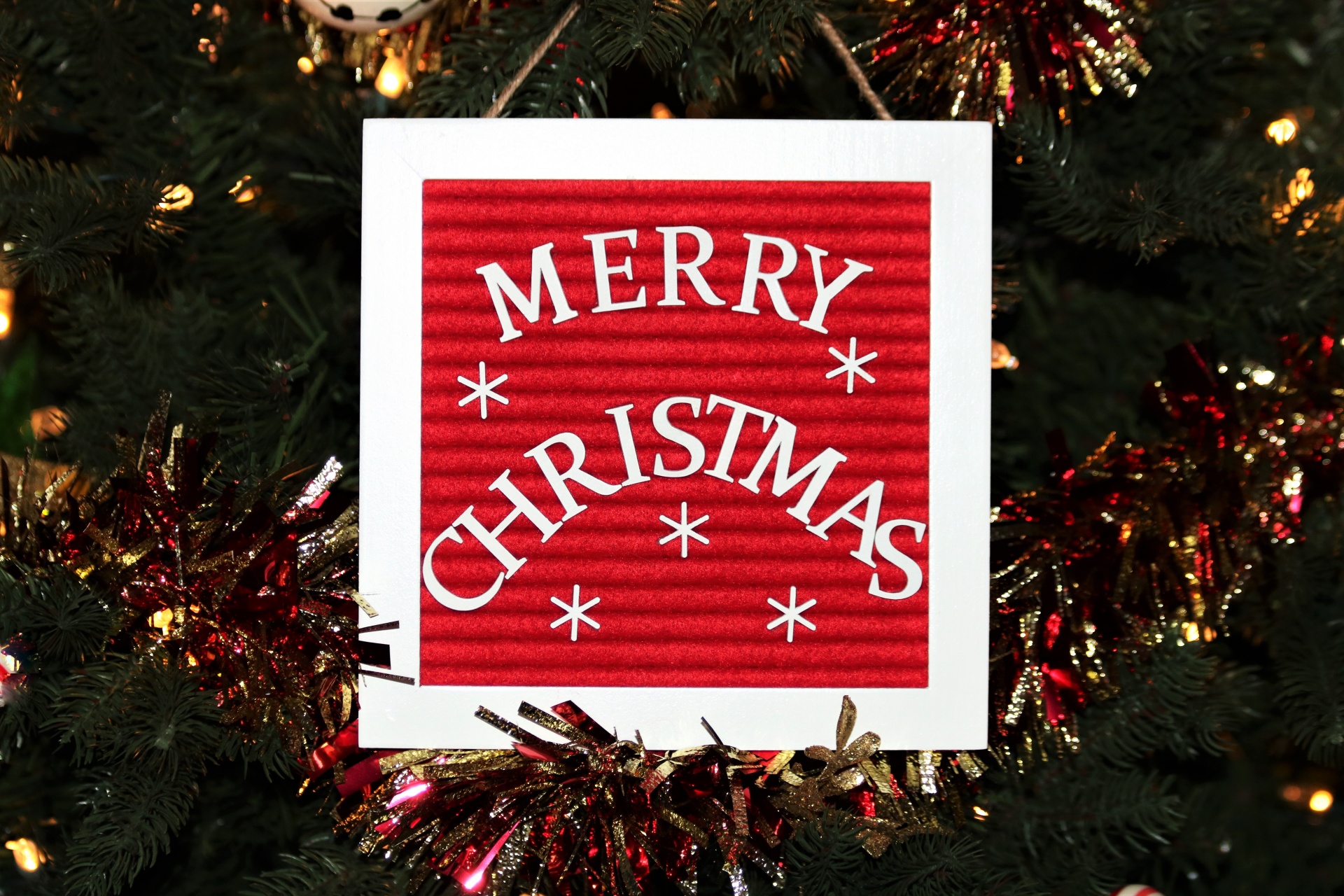 Merry Christmas in white text, with snow flakes, on a red background and white frame, hanging on Christmas tree with Christmas lights in the background.