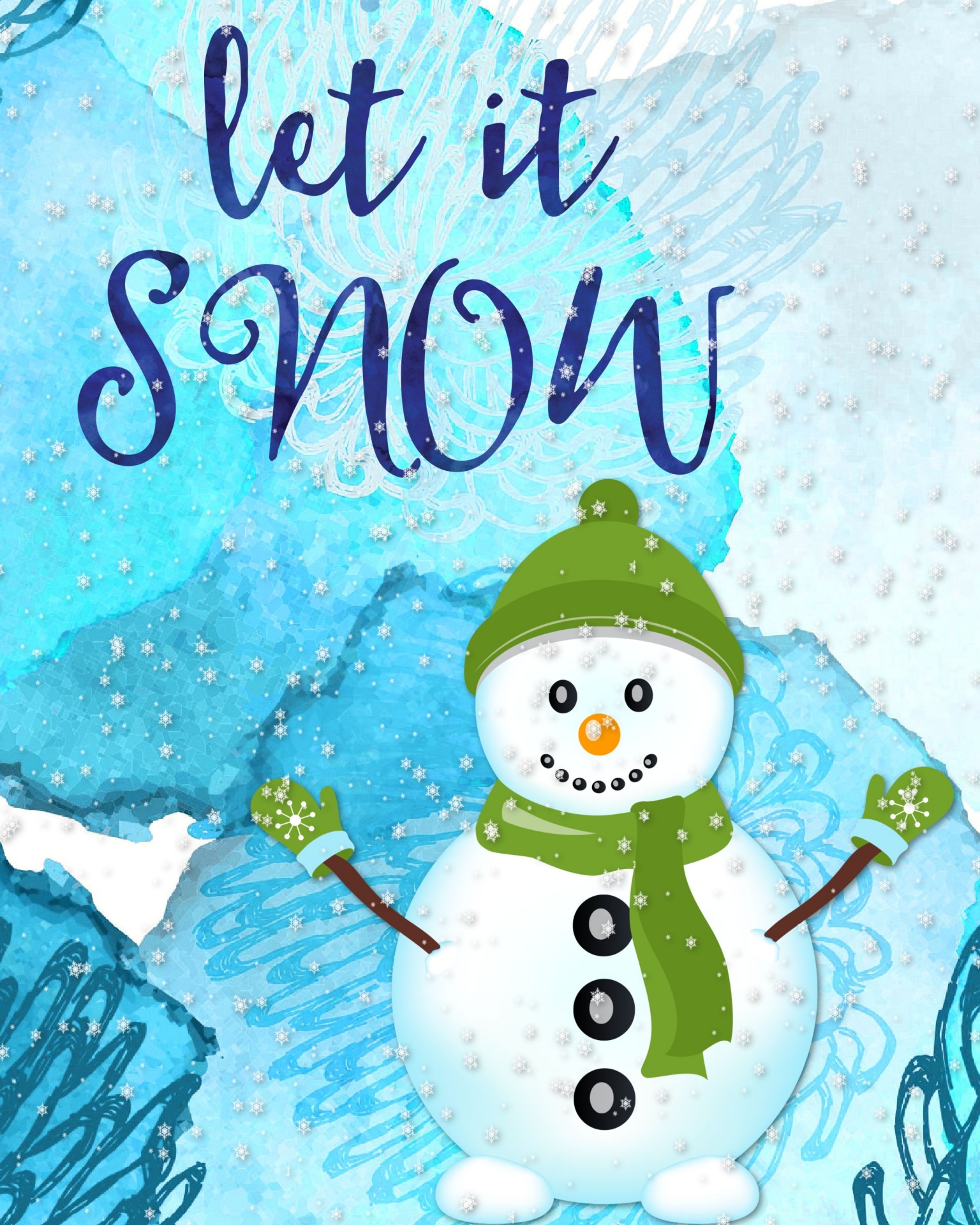 cute snowman illustration on an abstract winter background with snow
