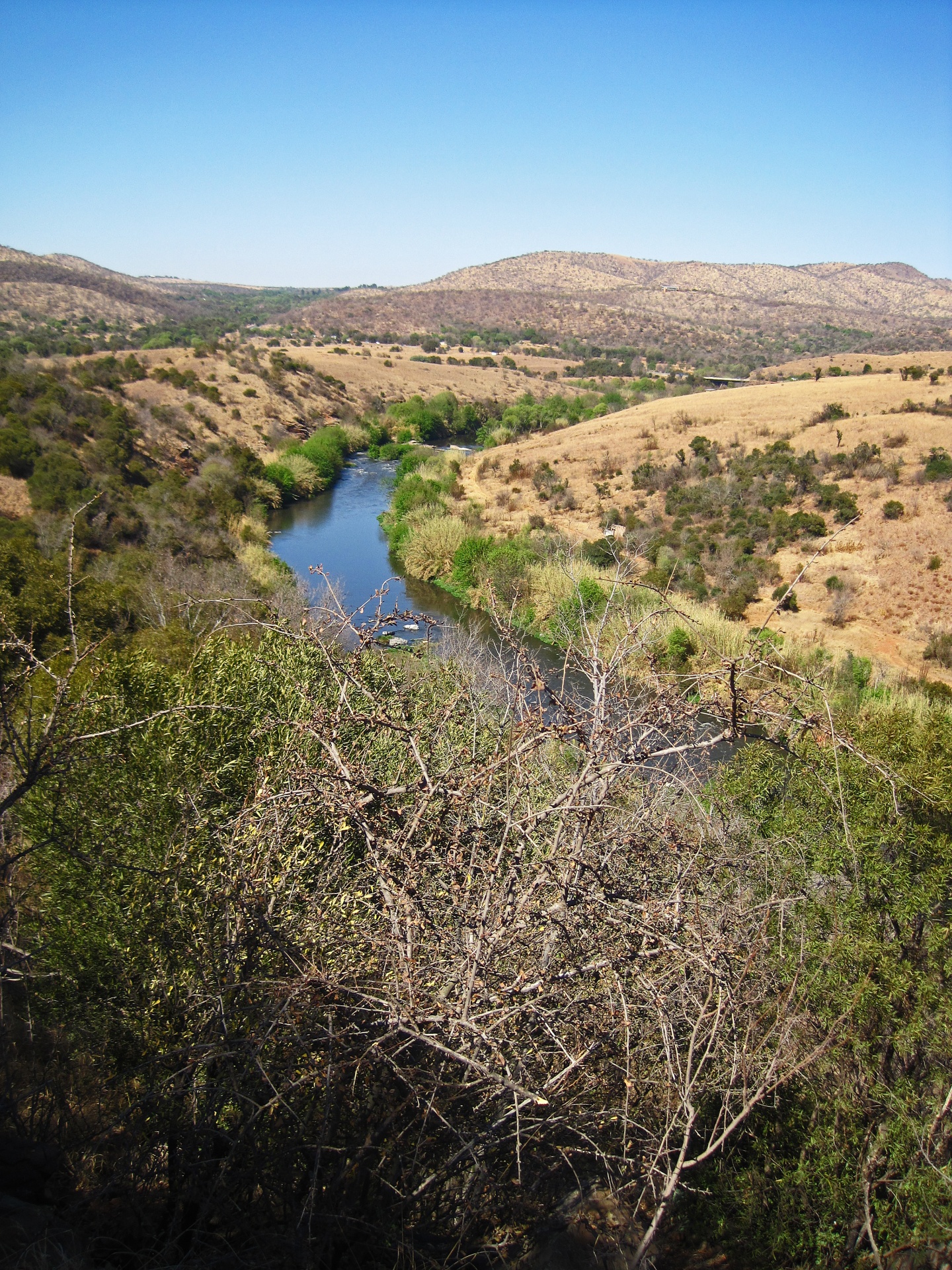view of a curving river between hills in a south african landscape at the end of winter flanked by green vegetation