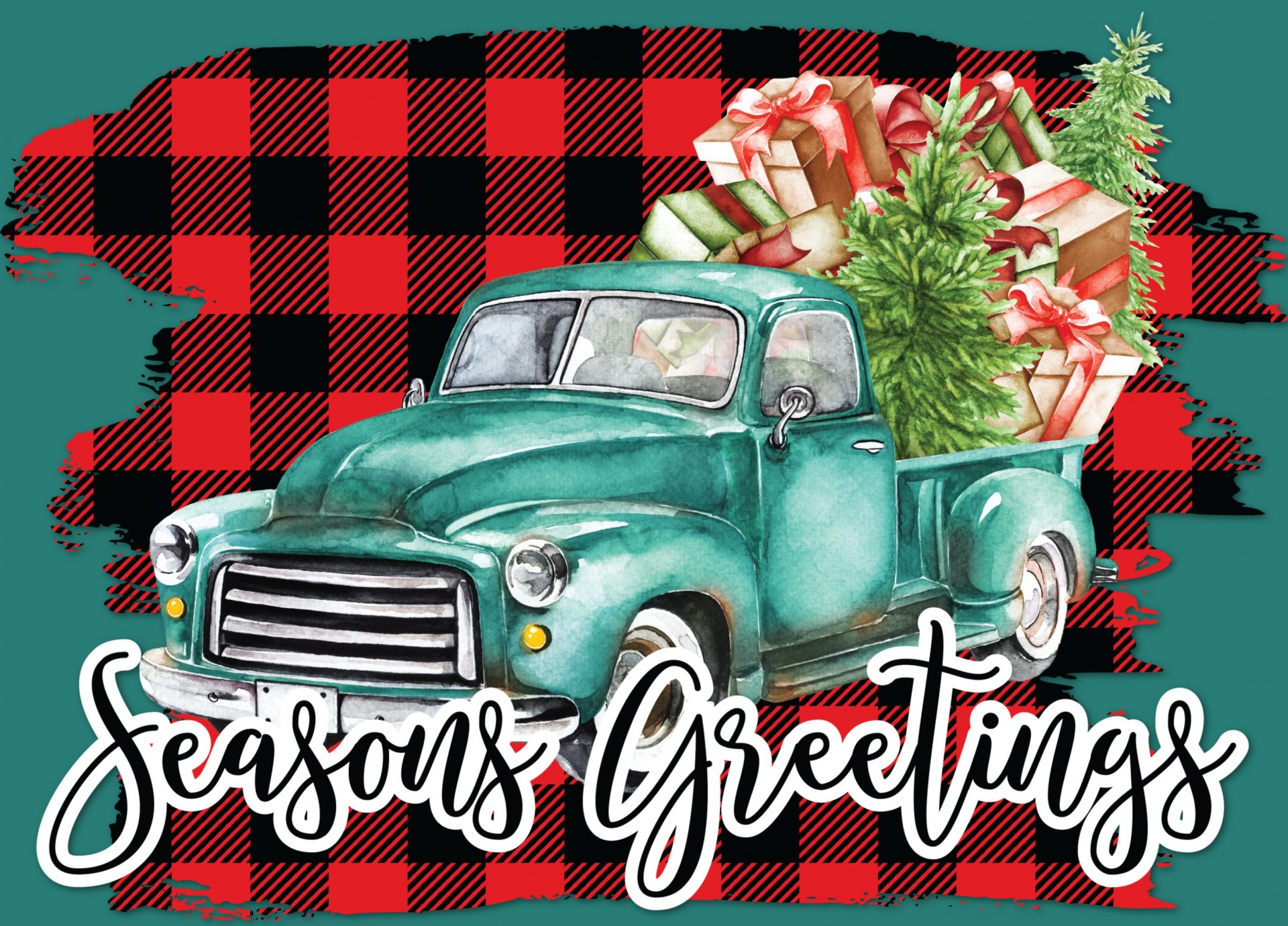 vintage old green pick-up truck full of Christmas trees and presents on a plaid swatch with green wood background with greeting message