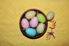 Easter Eggs In Bowl On Yellow