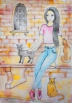 Girl And Cats