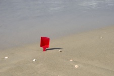 Red Spade With Sea Shells On Beach