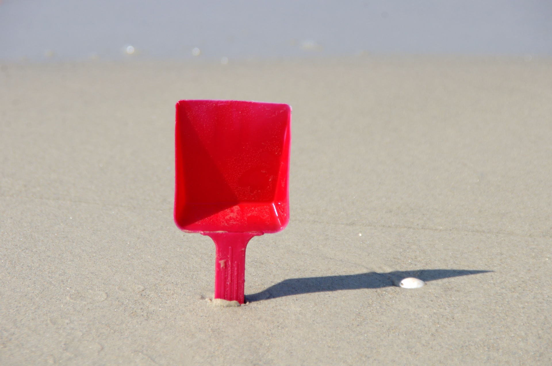 Close-up of spade stuck in sea sand