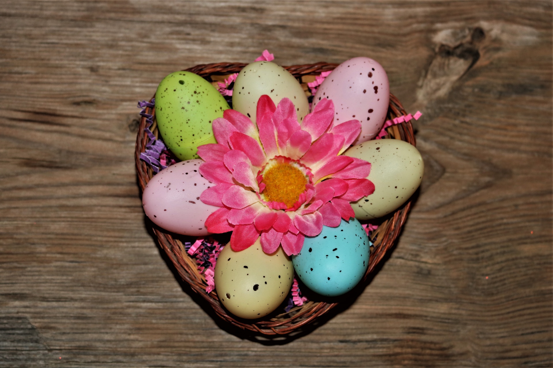 Easter Eggs And Flower In Basket