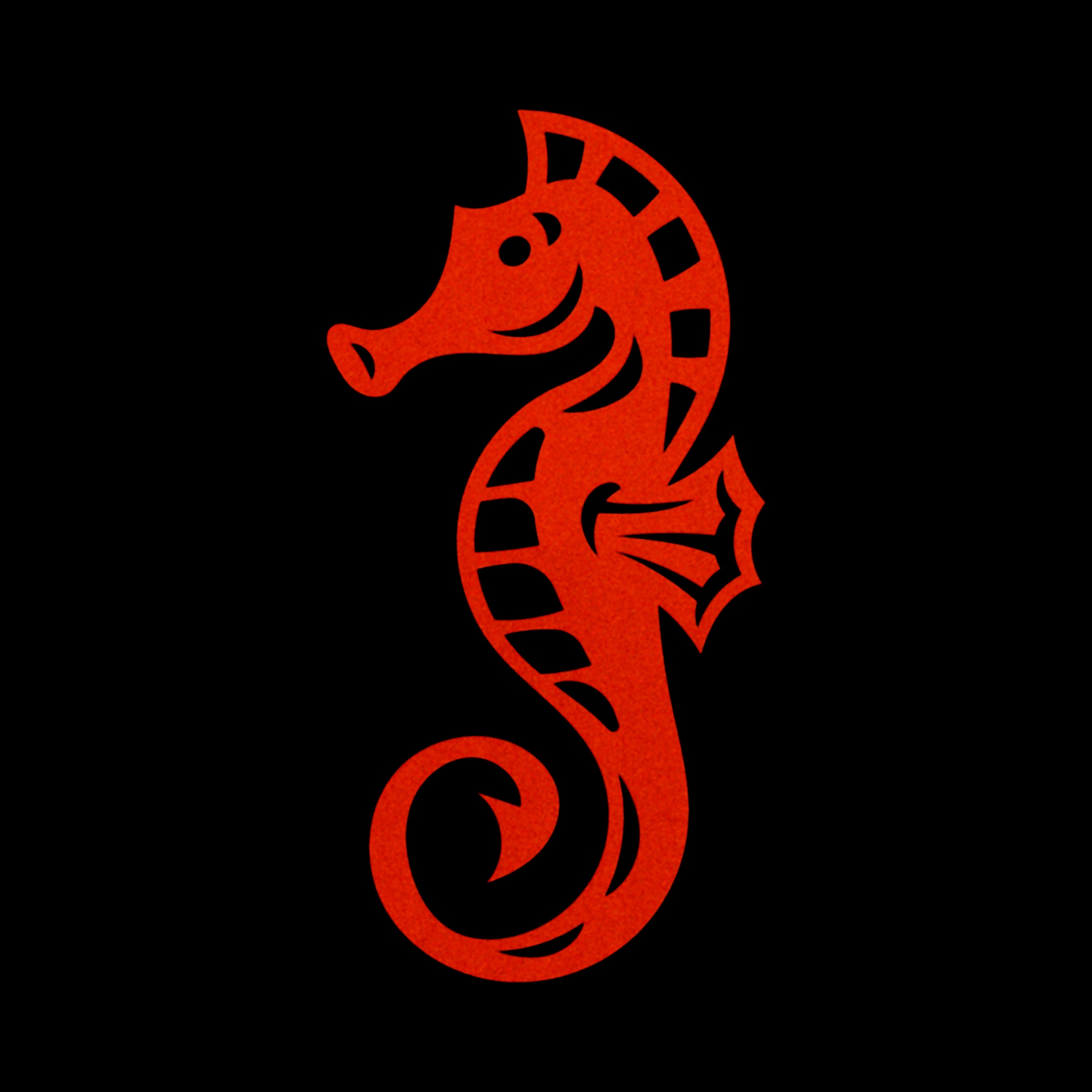 Drawing of a red seahorse on a black background