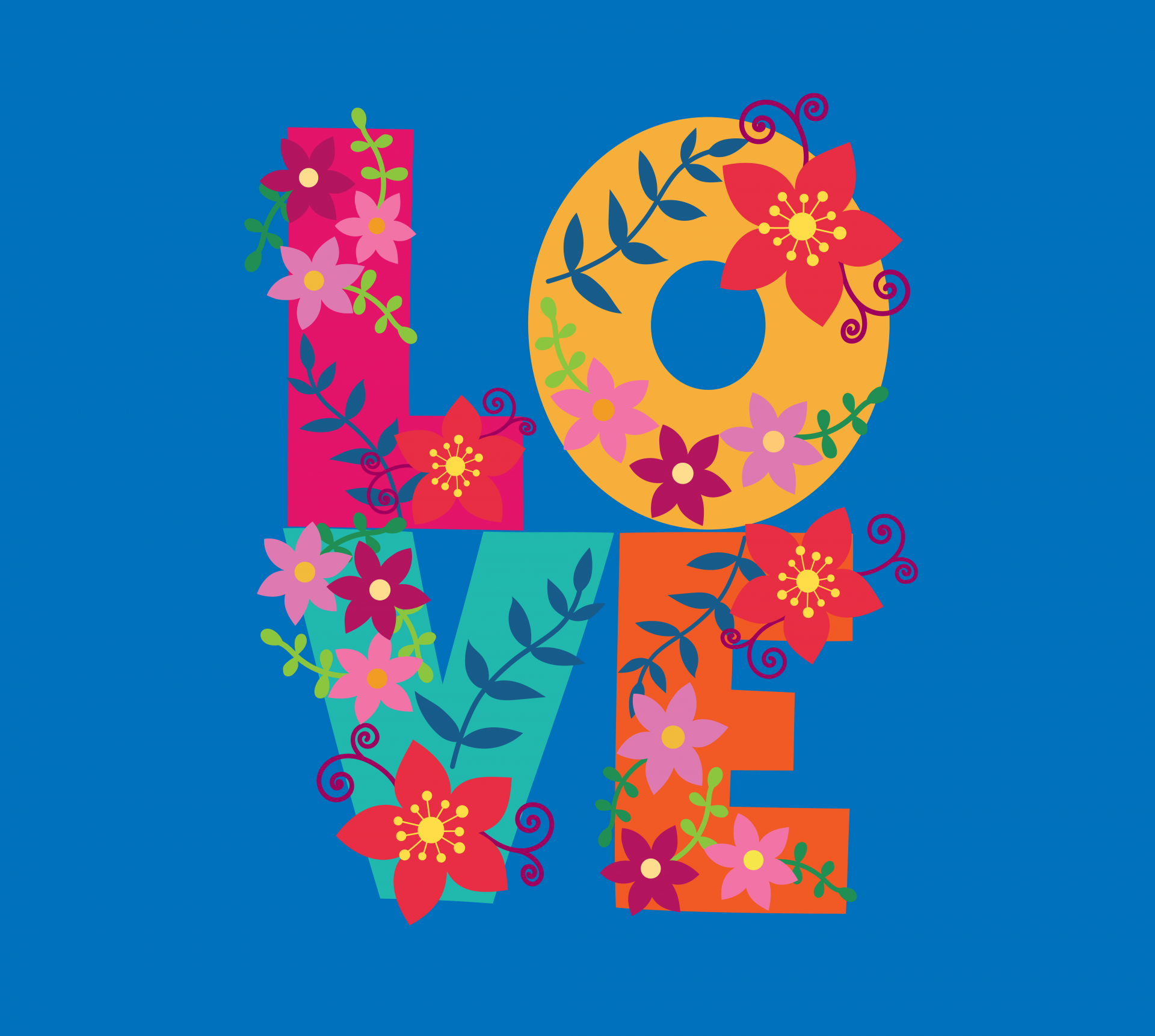 Colorful word love decorated with flowers on blue background
