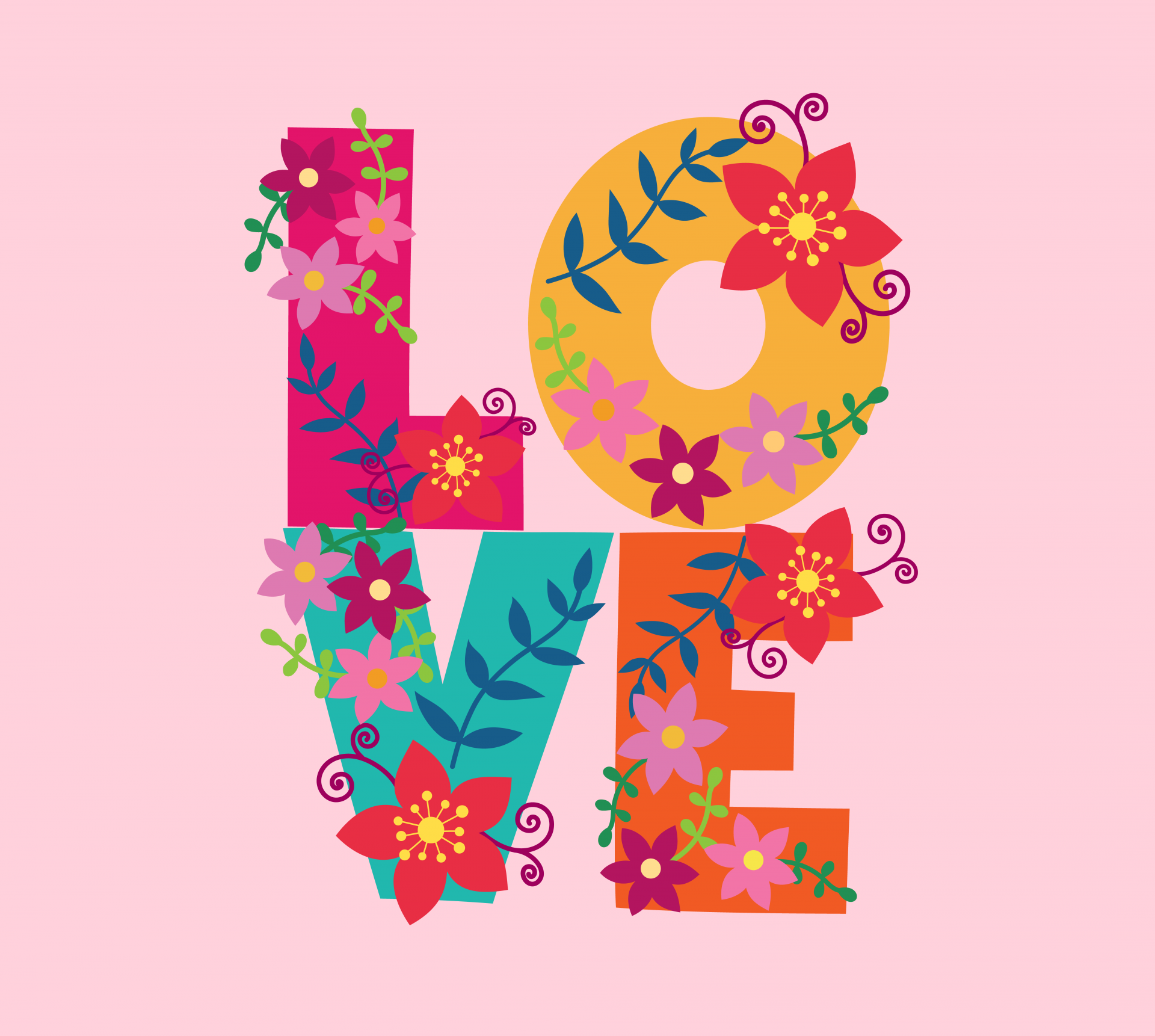 Colorful word love decorated with flowers on pink background