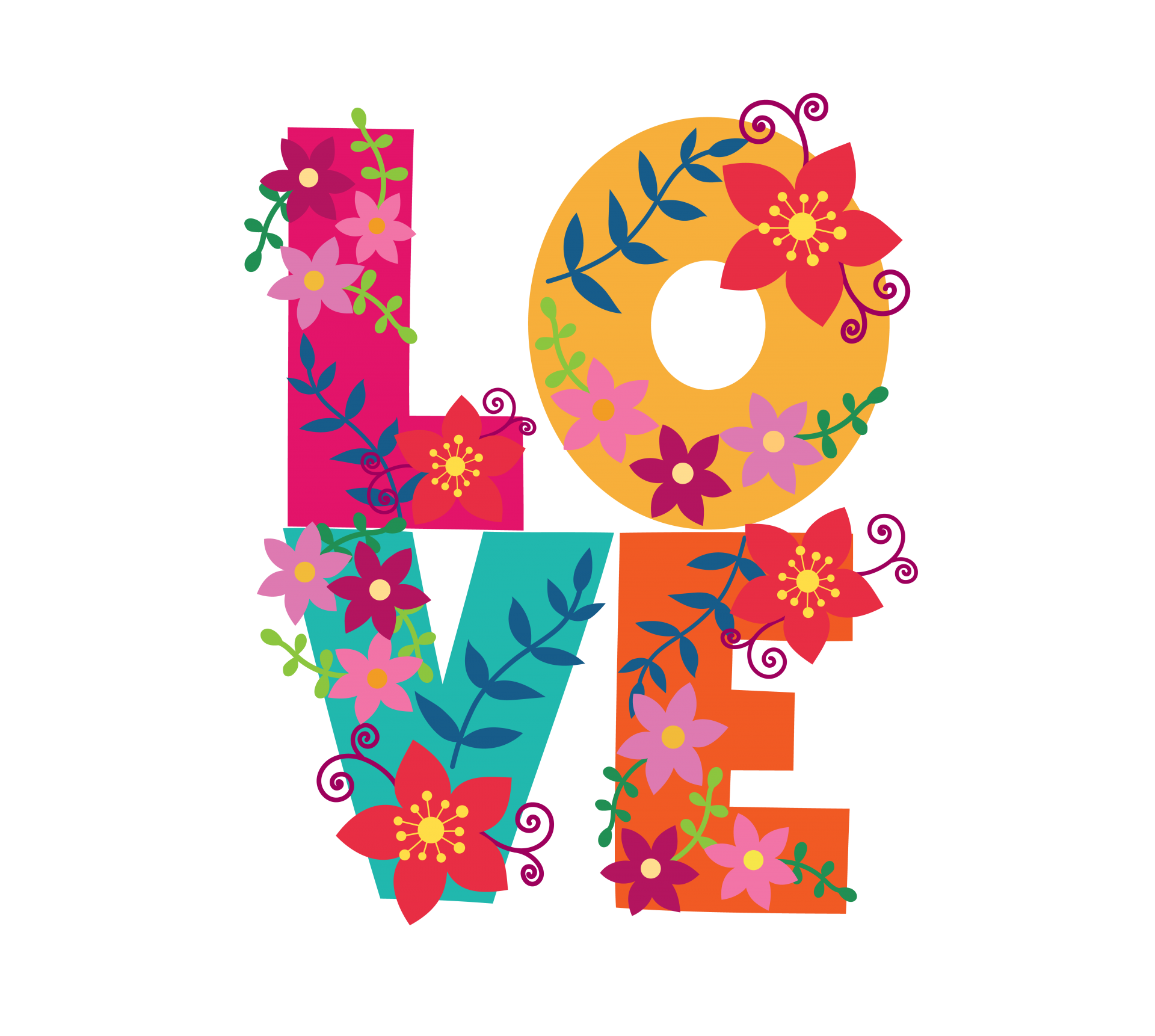 Colorful word love decorated with flowers on transparent background