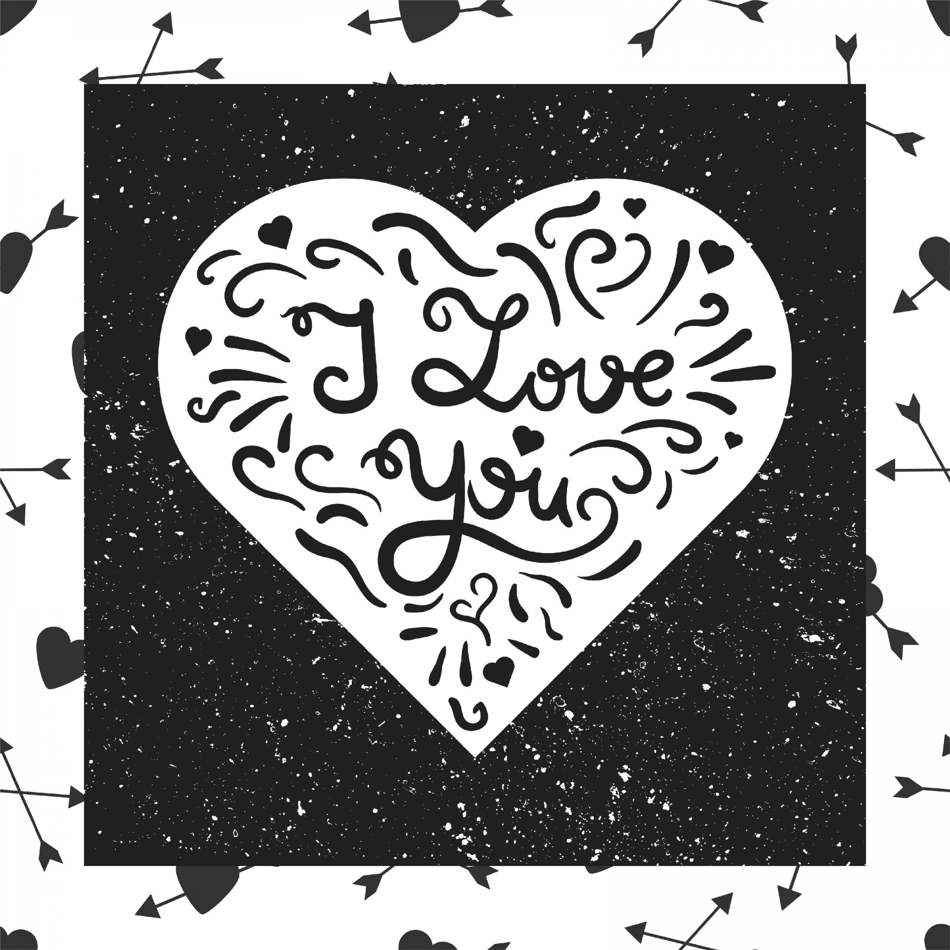 I LOVE you doodle filled heart on grunge background with hearts and arrows border