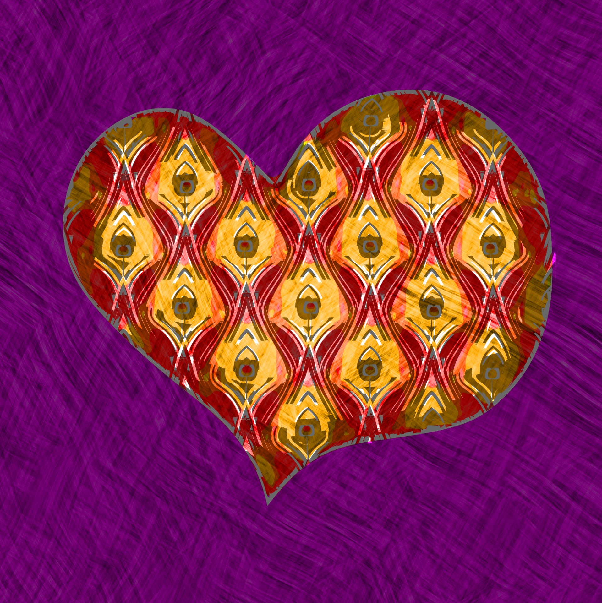 heart illustration with peacock feather pattern on purple background